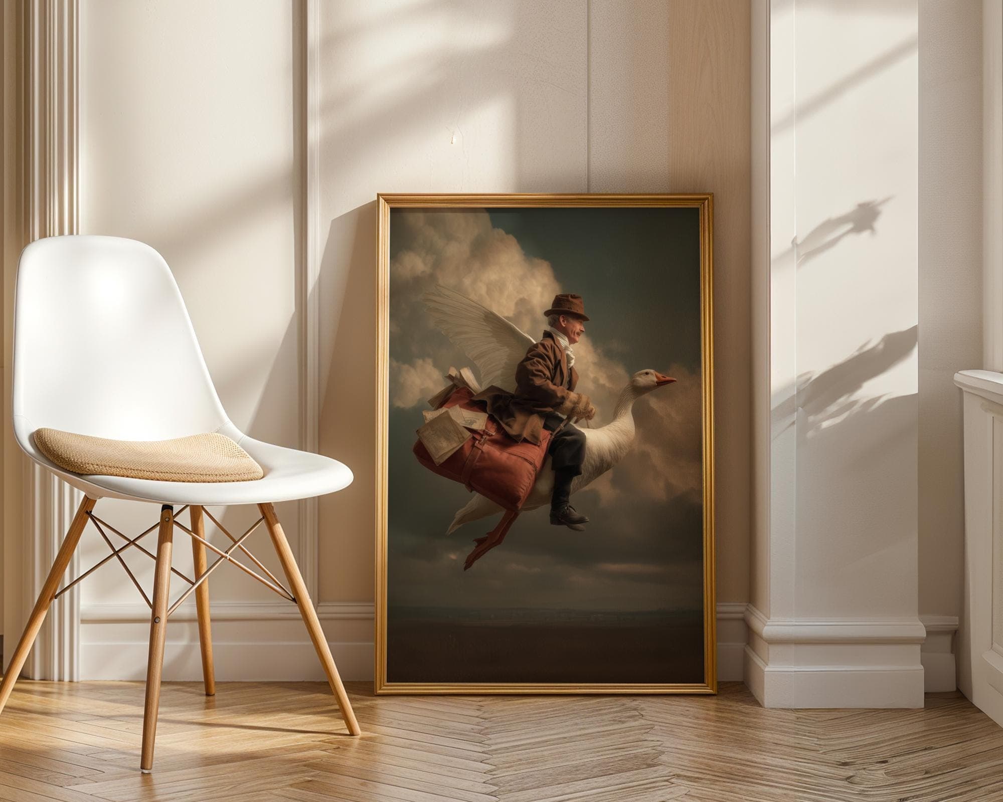 Surreal Flying Goose Mailman Wall Art Print, Whimsical Vintage Fantasy Animal Poster, Vintage Whimsical Fantasy Print, Retro Fantasy Poster - view 4