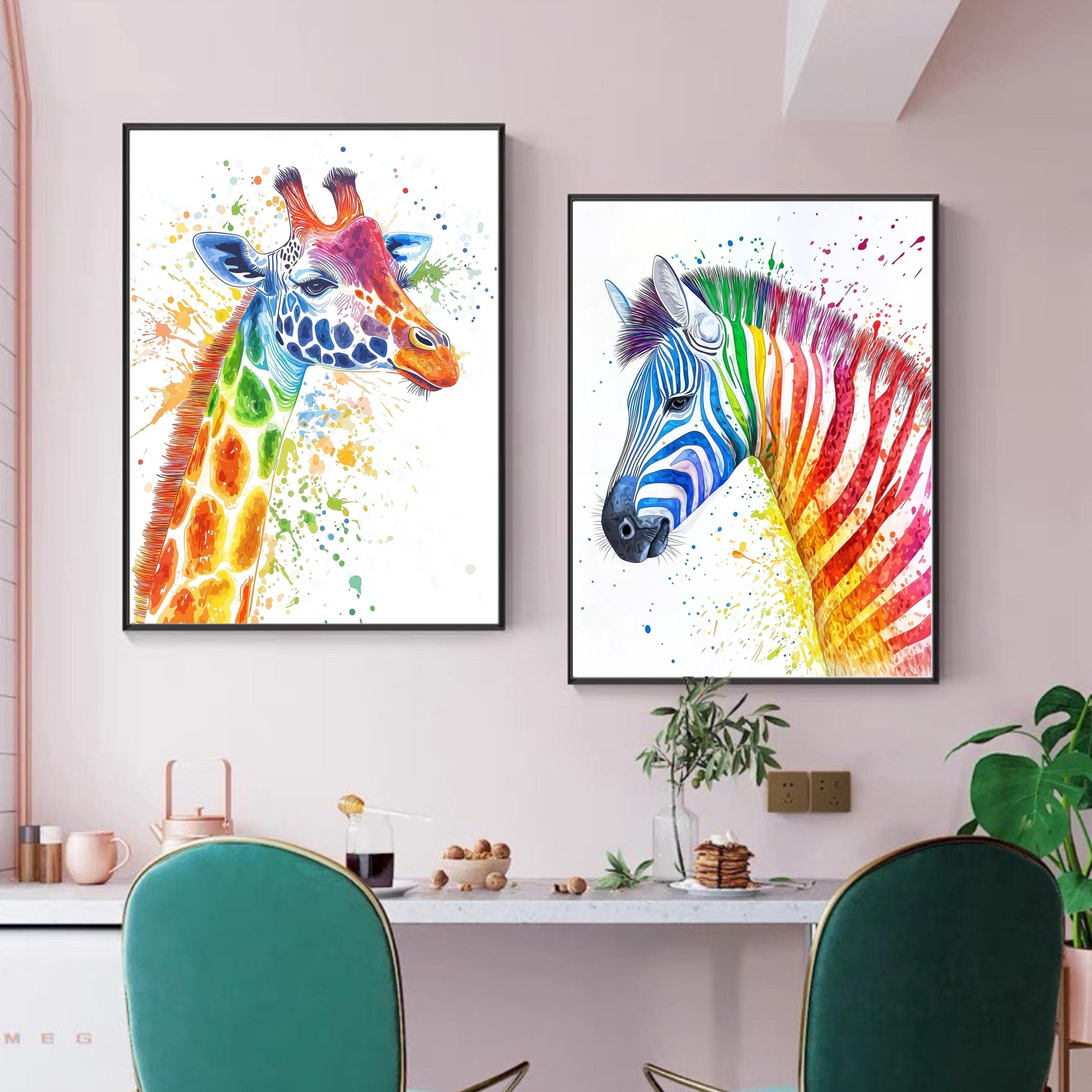 Set of 6 Safari Animals Watercolor Printable Art, Colorful Painting Wall Art, Nursery Children Gift, Rainbow Animal Wall Art, Tiger Poster - view 3