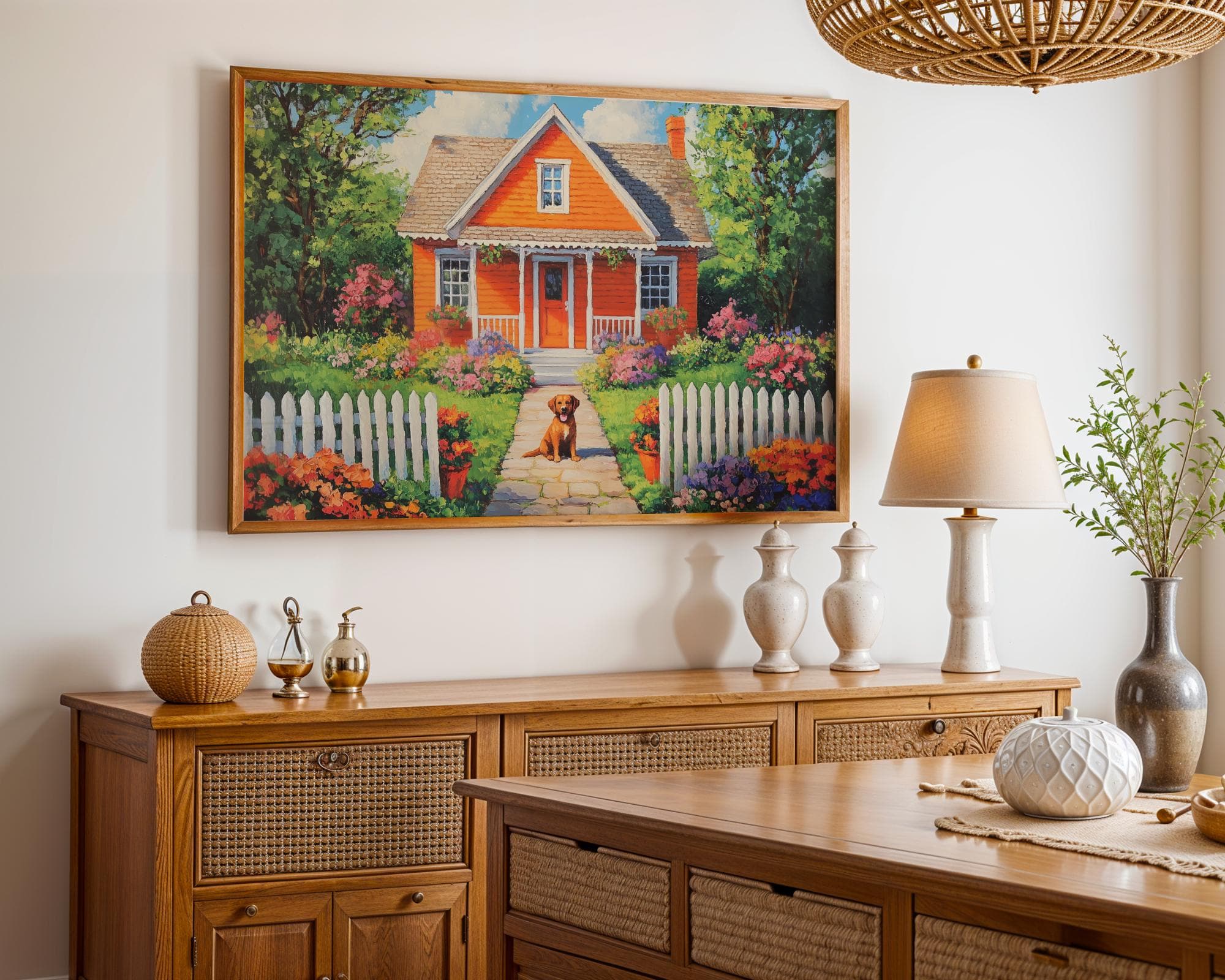 Colorful Garden House Painting, Garden Cottage Wall Art, Cottagecore Dog Poster, Rustic Home Floral Print, Colorful Floral Garden Print - view 6
