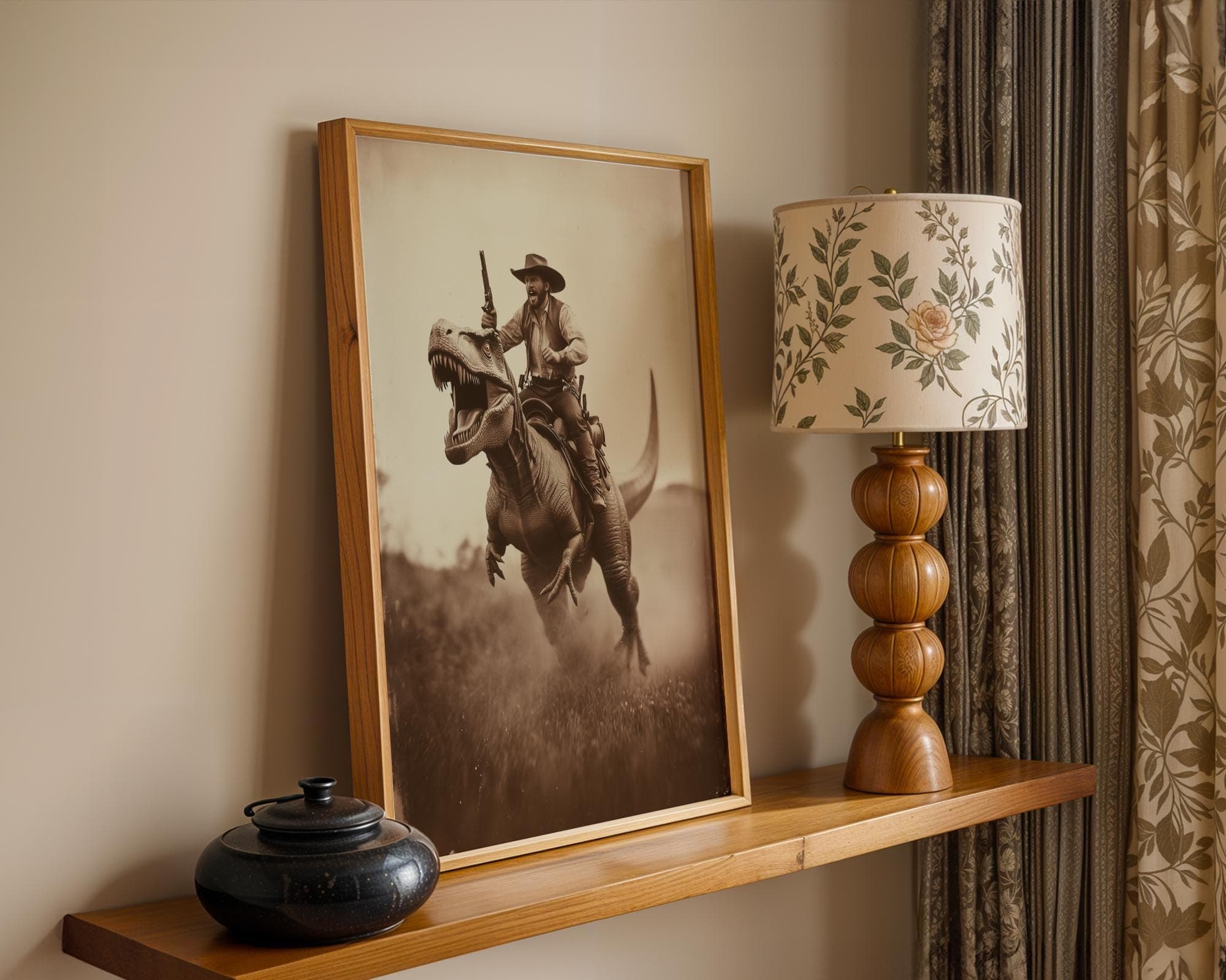 Cowboy Riding Dinosaur Wall Art Print, Western Style Print, Prehistoric Dinosaur Poster, Wild West Dinosaur Cowboy Print, Sepia Poster - view 2
