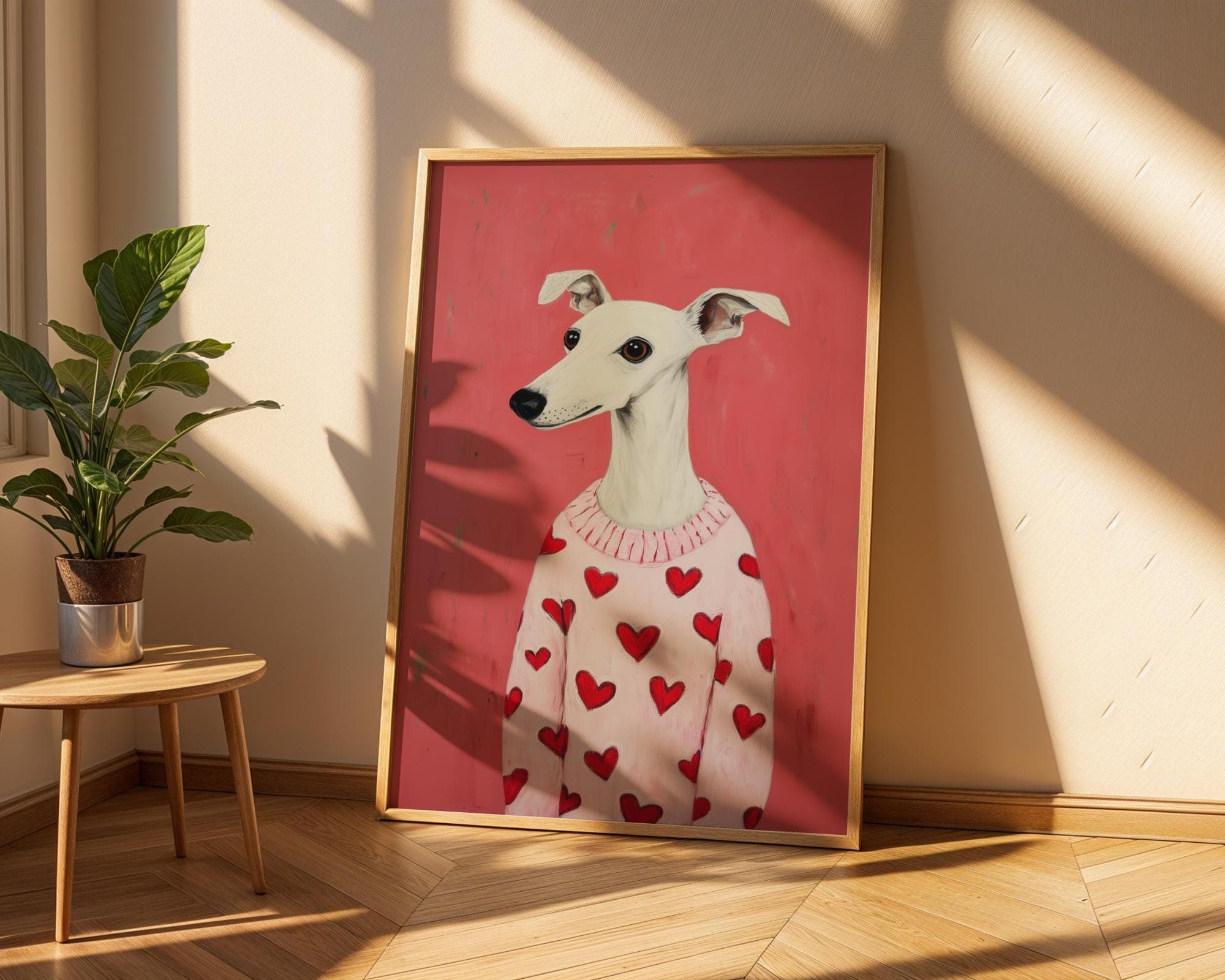 Whippet Dog Art, Pink Dog Wall Art, Digital Whippet Portrait, Whippet Poster for Pet Lovers, Funny Dog Printable, Dog Valentine Poster - view 3