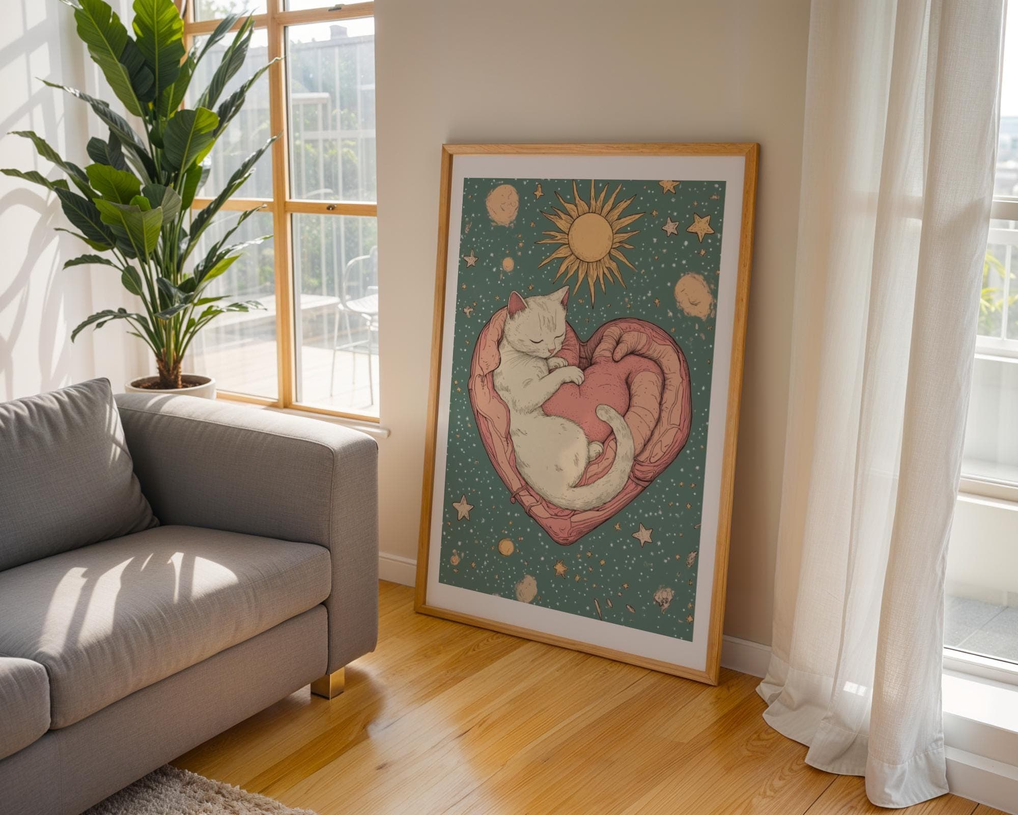 Celestial Cat Poster, Sun, Moon, and Cat Print, Celestial Art Print, Whimsical Starry Illustration, Digital Download, Printable Cat Poster - view 3