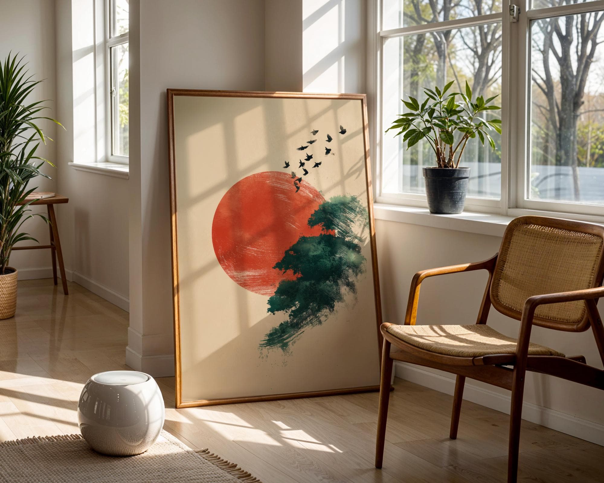 Japandi Minimalist Wall Art | Red Sun and Flying Birds Print | Zen Nature Landscape Painting for Modern Home Decor, Modern Oriental Art - view 5