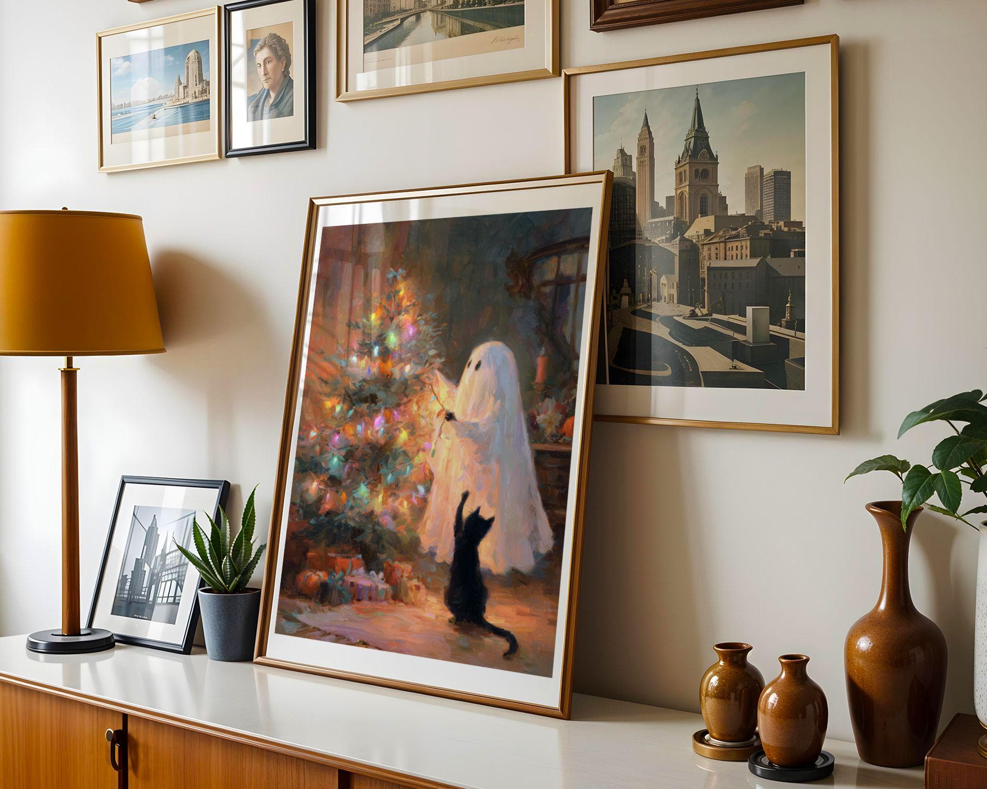 Ghost and Black Cat Christmas, Whimsical Black Cat Art, Funny Black Cat Poster, Whimsical Ghost Christmas Art, Vintage Ghost Christmas - view 2