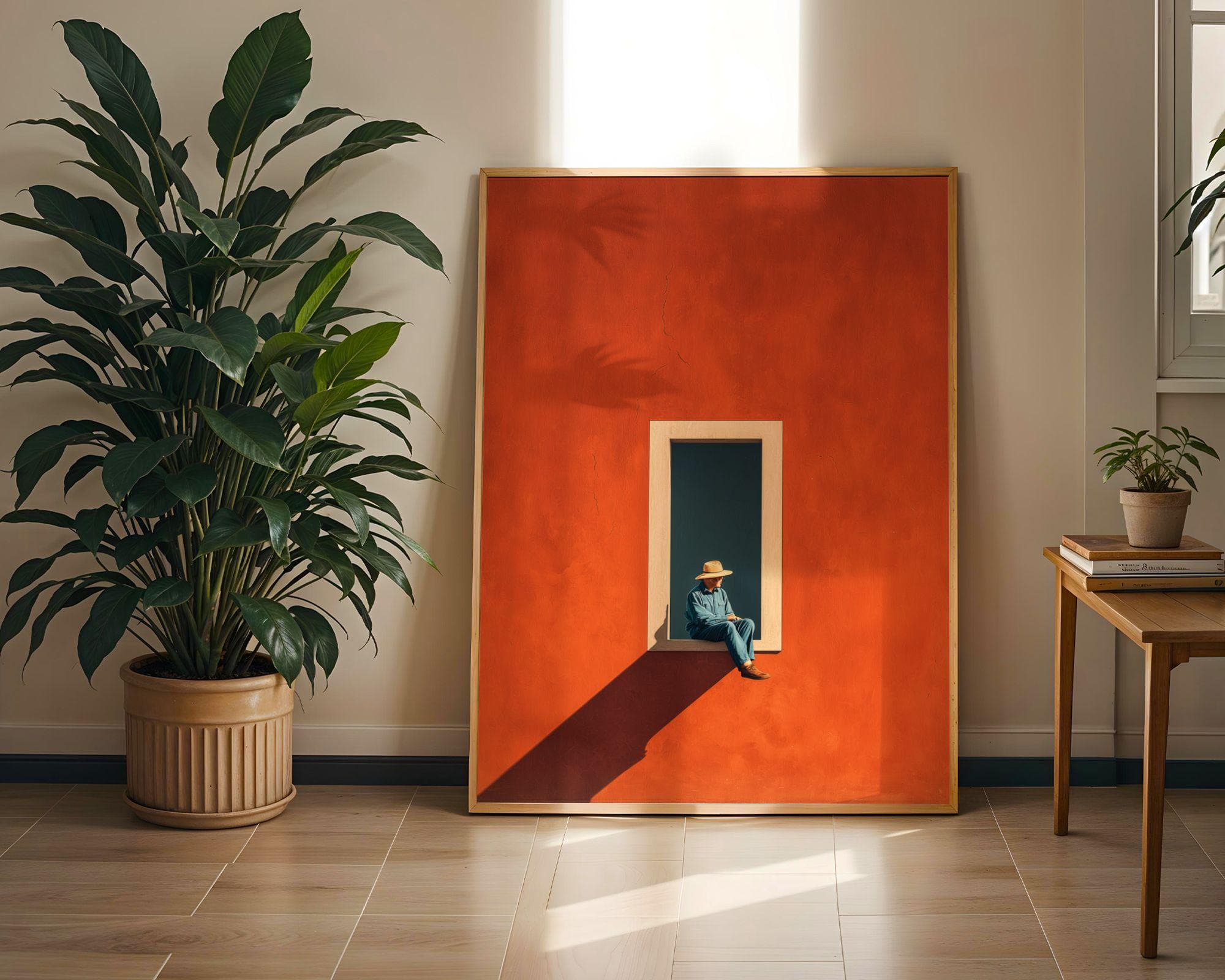 Modern Gallery Print | Man in Window, Terracotta Window Minimal Art Print, Mid-Century Vibe | Minimal Window Art, Orange Wall Decor - view 4
