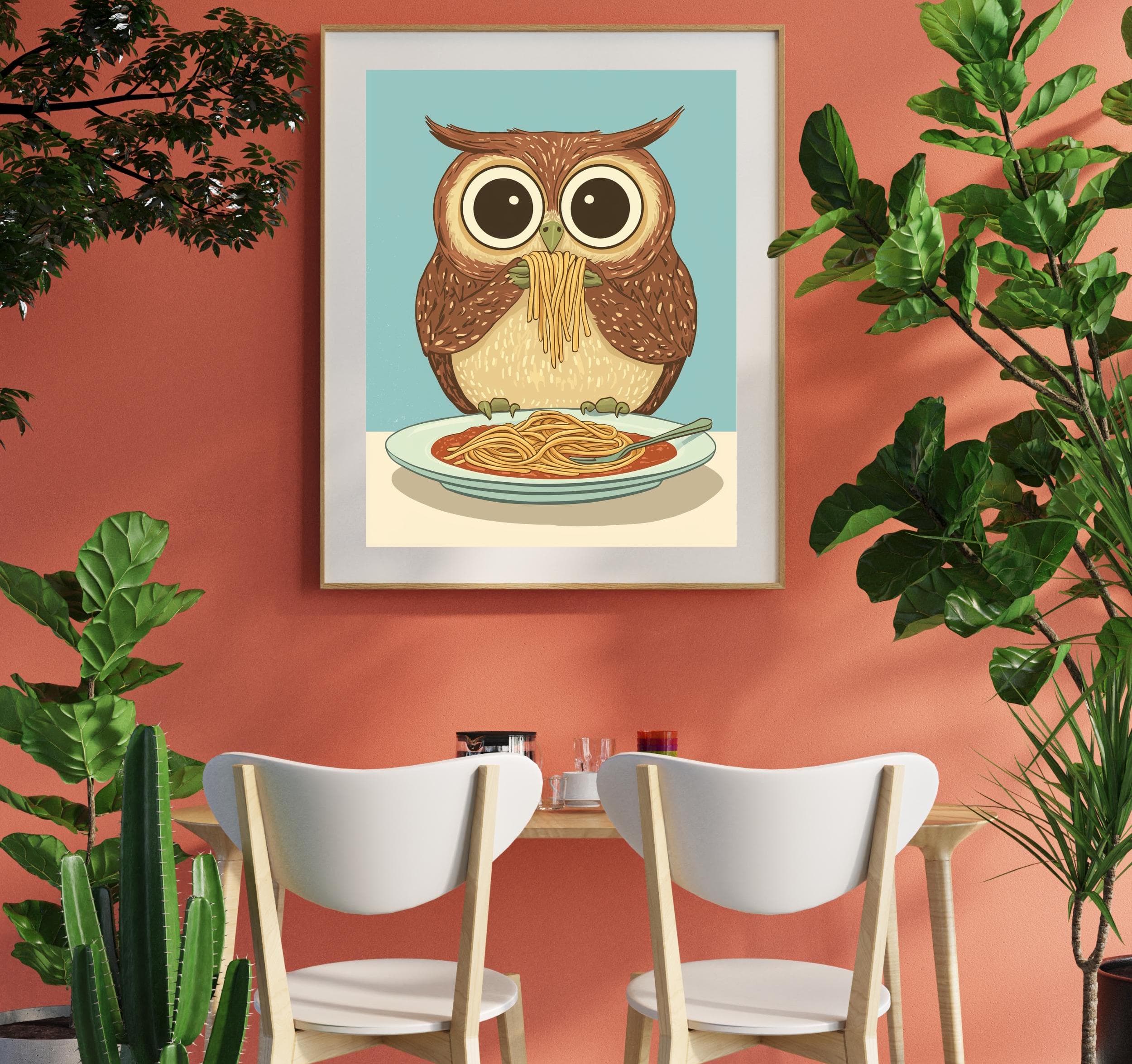 Owl Spaghetti Art Print,Whimsical Owl Kitchen Decor, Owl Pasta Print, Charming Owl Kitchen Print, Maximalist Owl Art, Owl Wall Prints - view 6