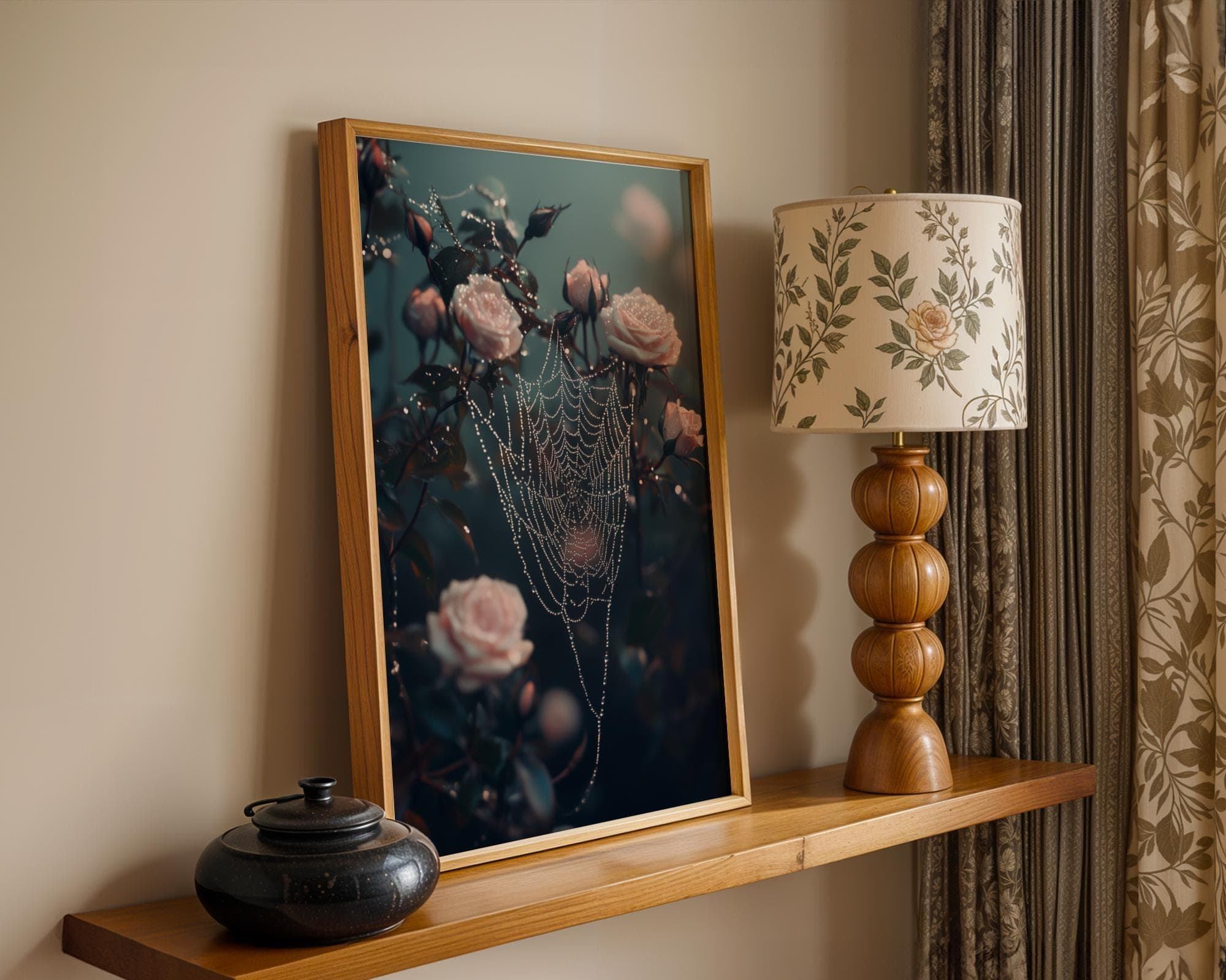 Moody Spiderweb and Pink Rose Wall Art Print, Vintage Botanical Gothic Wall Poster, Dark Academia Decor, Digital Download, Moody Wall Art - view 4