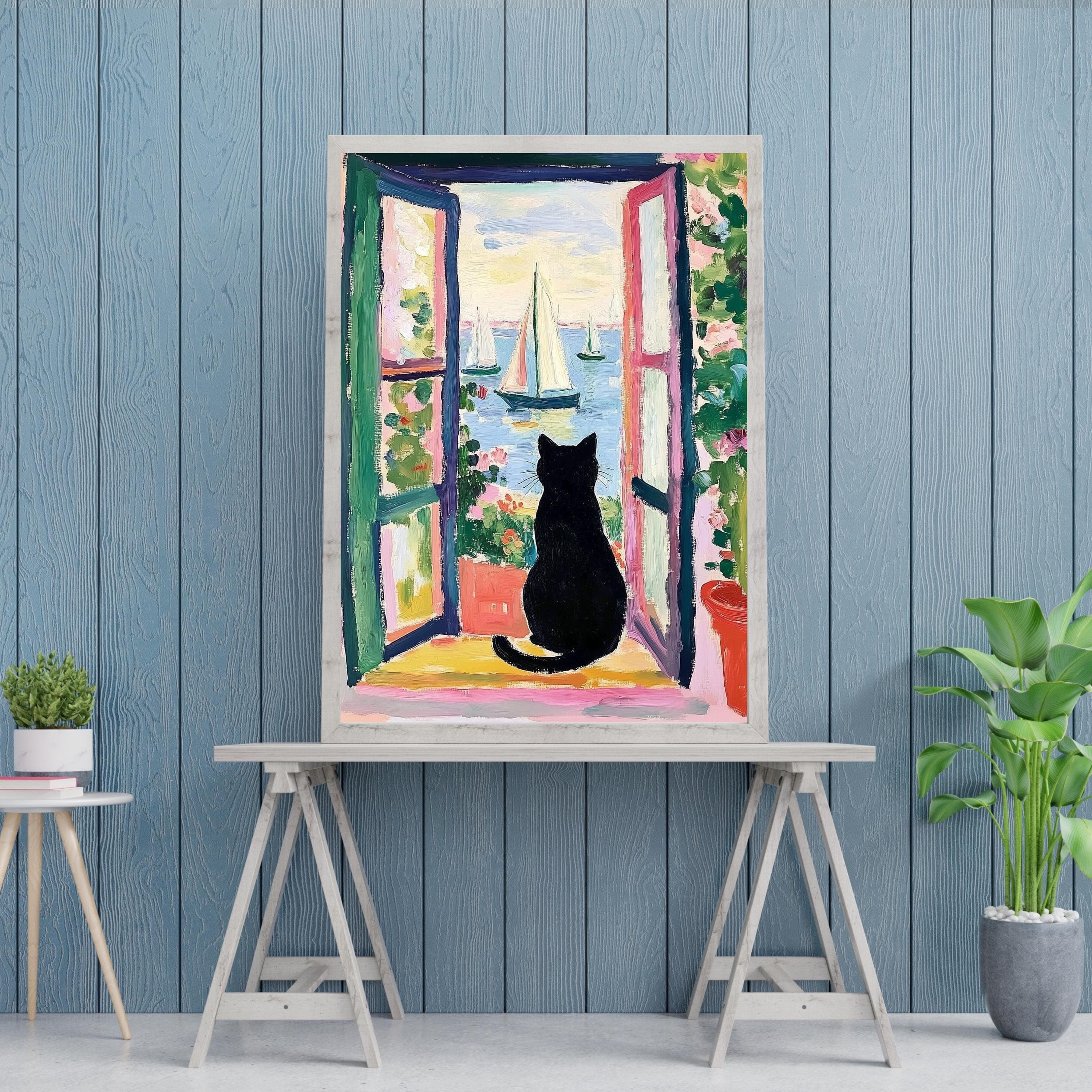 Black Cat by the Sea Poster, Colorful Oil Painting Print, Colorful Wall Decor, Matisse Oil Painting Poster, Whimsical Cat & Sailboats Art - view 5