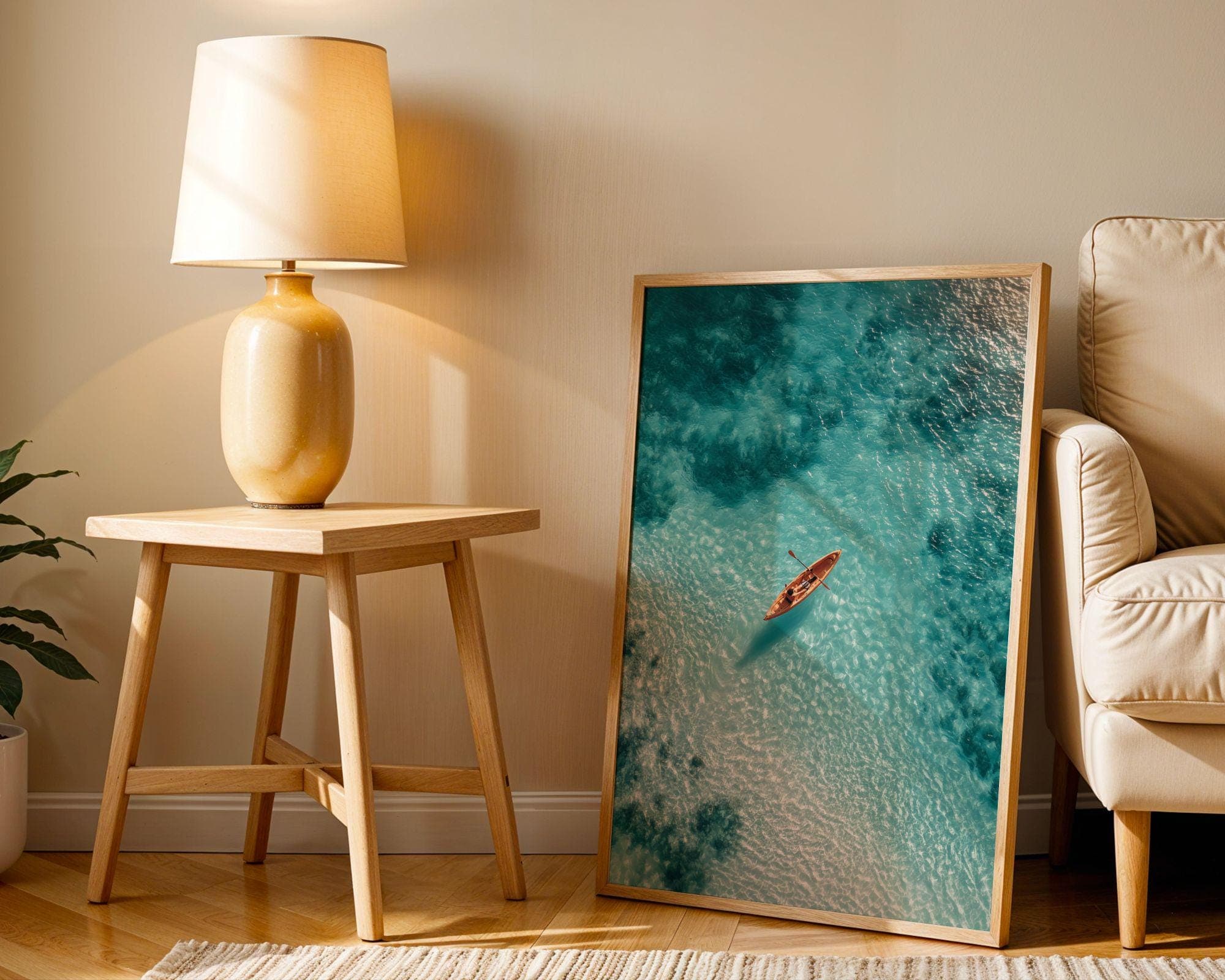 Aerial Ocean Print, Aerial Coastal Wall Print, Turquoise Beach Aerial Art – Kayaker Wall Print, Digital Download, Minimal Coastal Print - view 8