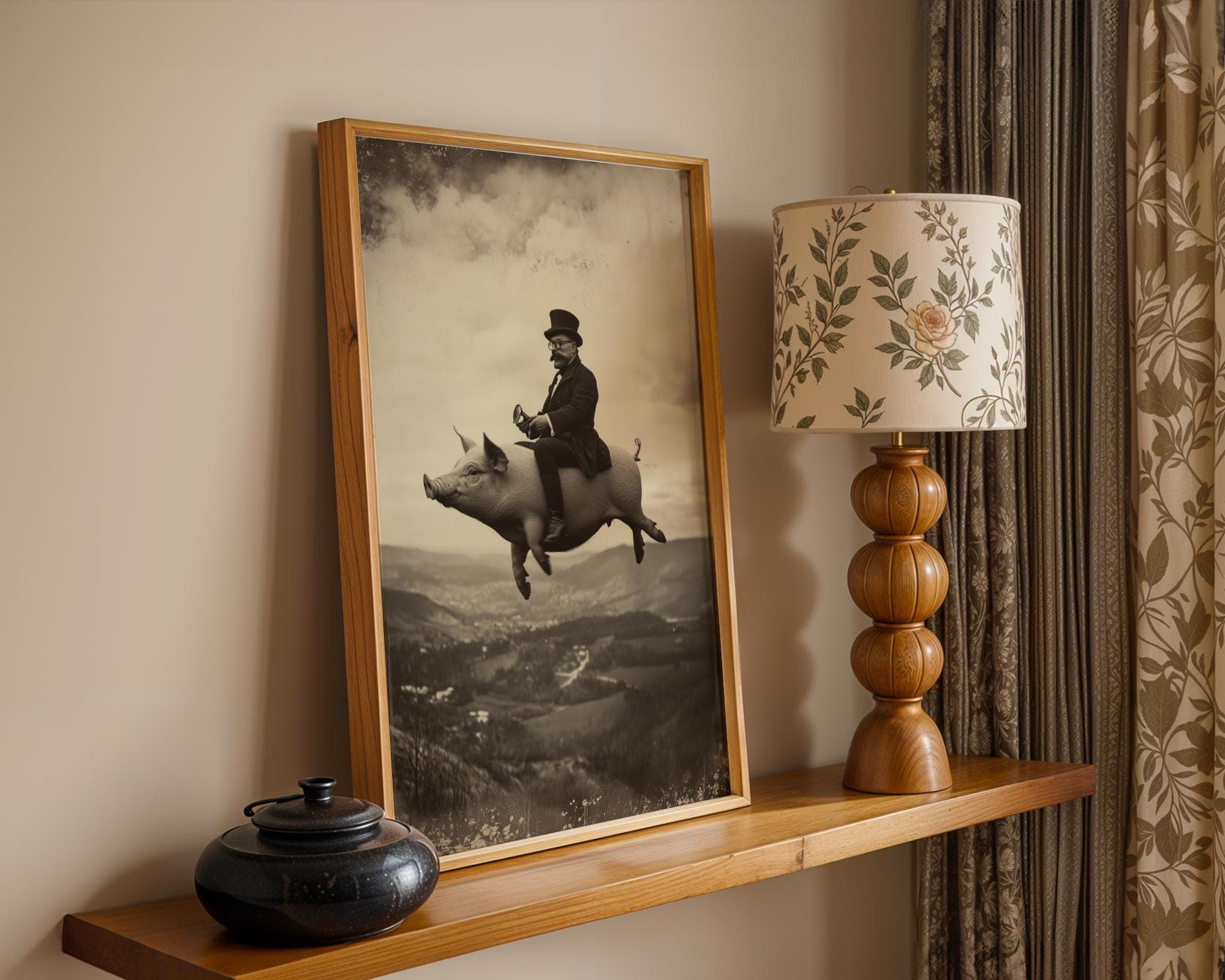 Flying Pig Wall Art – Surreal Vintage Gentleman Riding Pig Print, Digital Wall Art, Sepia Surreal Art, Retro Fantasy Wall Decor, Funny Pig - view 7