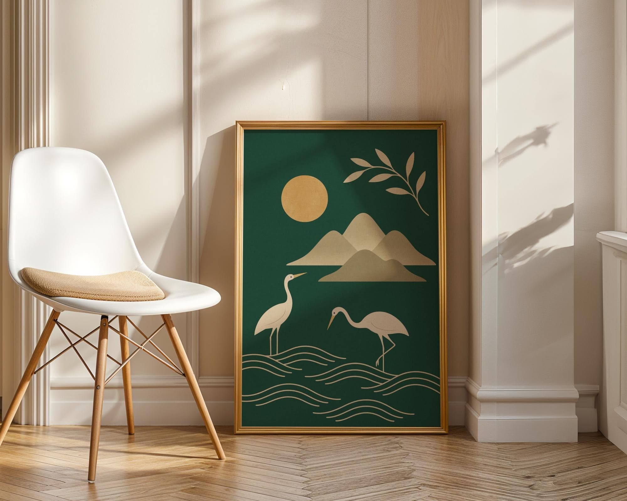 Abstract Bird Wall Art, Emareld Green Japandi Wall Art, Modern Asian Bird Poster, Minimalist Crane Wall Art, Zen Crane and Waves Print - view 5