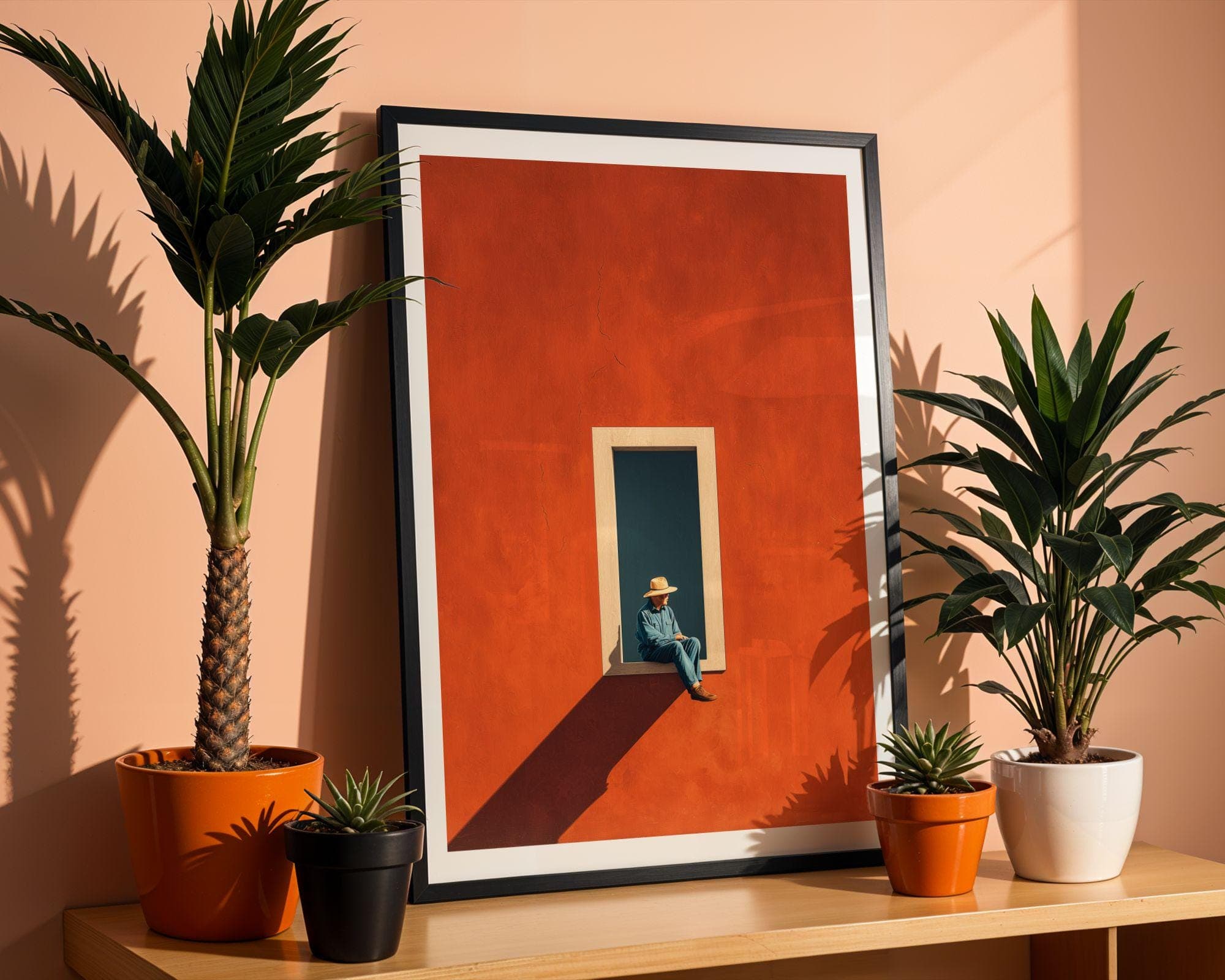Modern Gallery Print | Man in Window, Terracotta Window Minimal Art Print, Mid-Century Vibe | Minimal Window Art, Orange Wall Decor - view 5