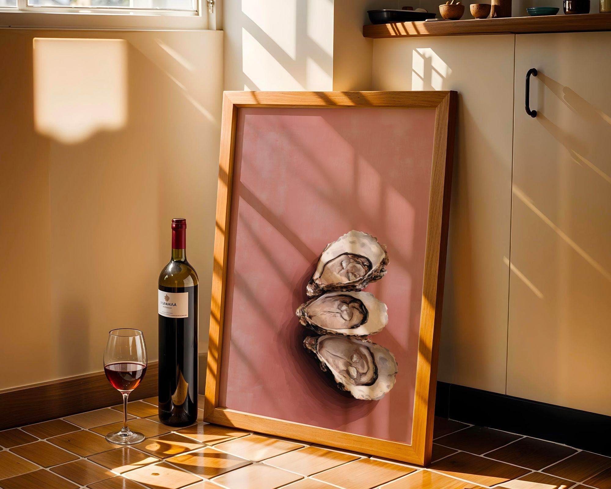 Oyster Wall Art Print, Pink Coastal Kitchen Decor, Pink Oyster Painting, Seafood Wall Art, Beach House Dining Room Decor, Oyster Still Life - view 3
