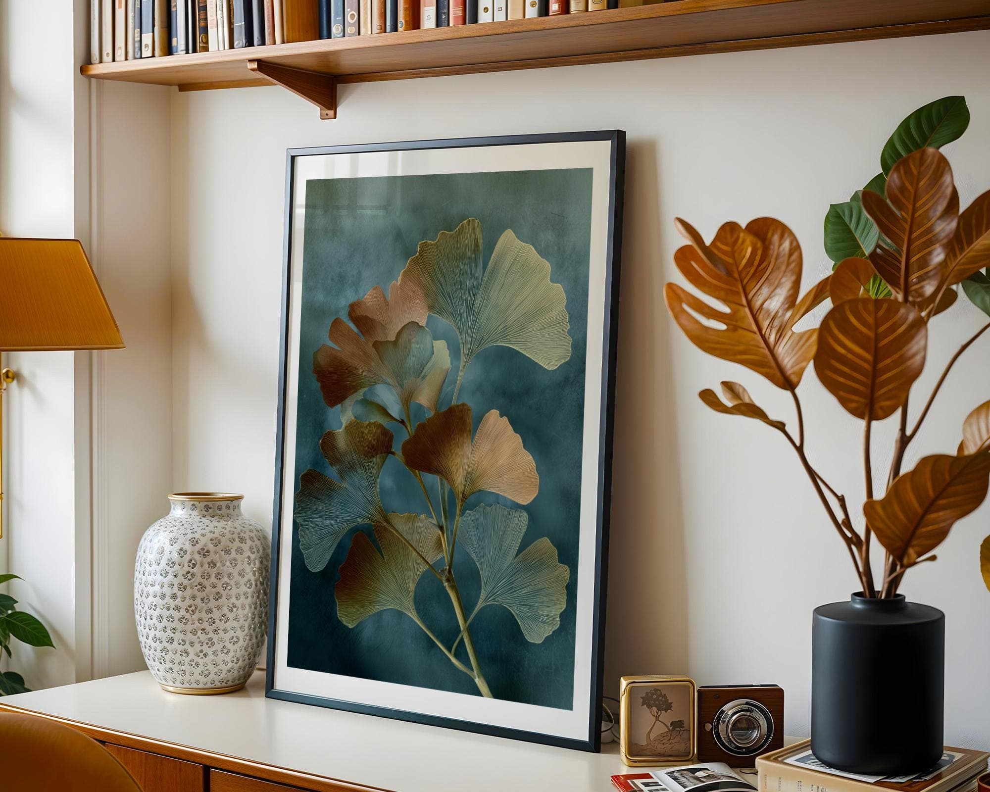 X Ray Ginkgo Leaf Botanical Wall Art Blue Green Gold Radiograph Print Modern Nature Decor, Botanical Print, Tranquil Zen Nature Print - view 2