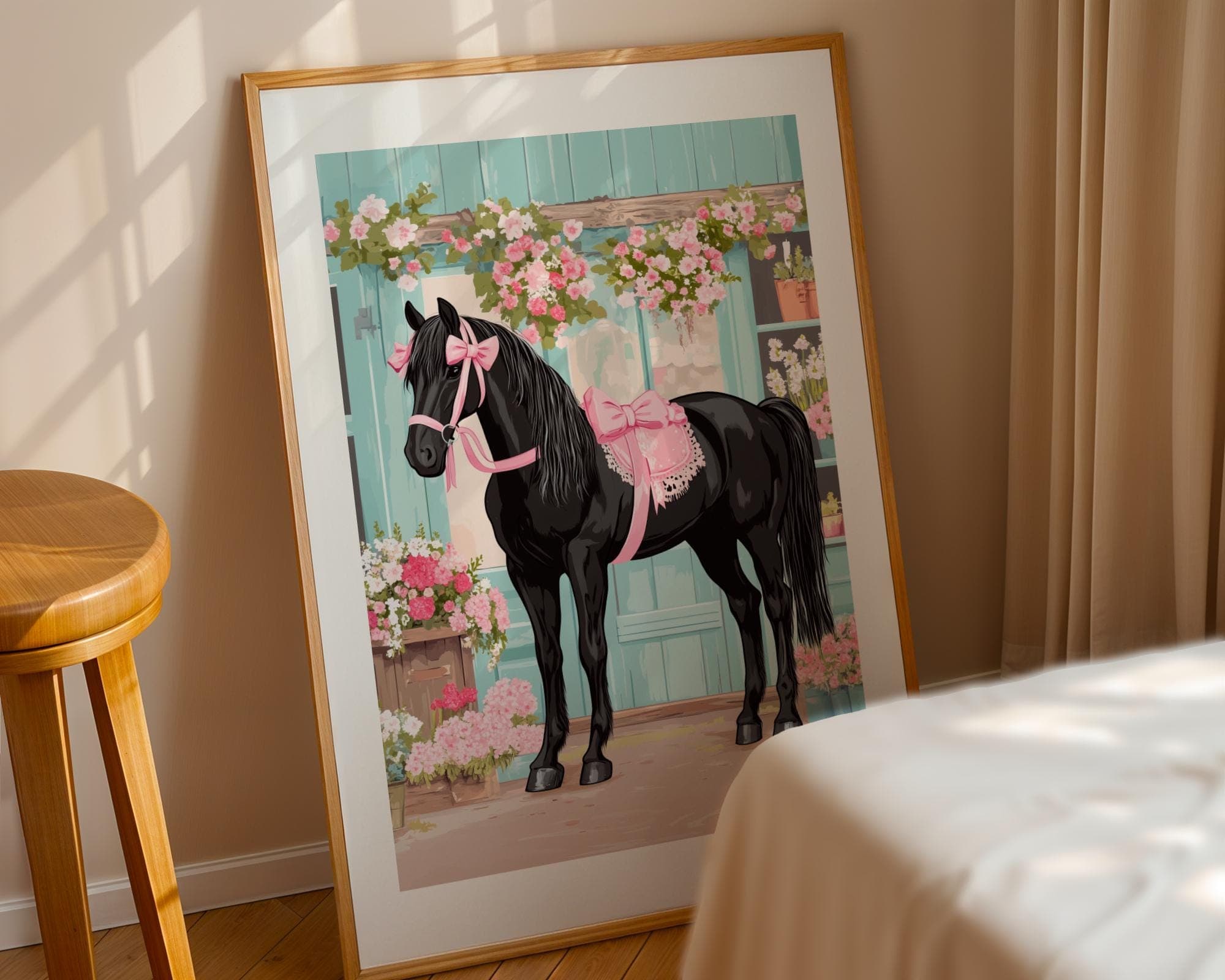 Black Horse with Pink Ribbons, Floral Stallion Art (Digital Download) - view 4