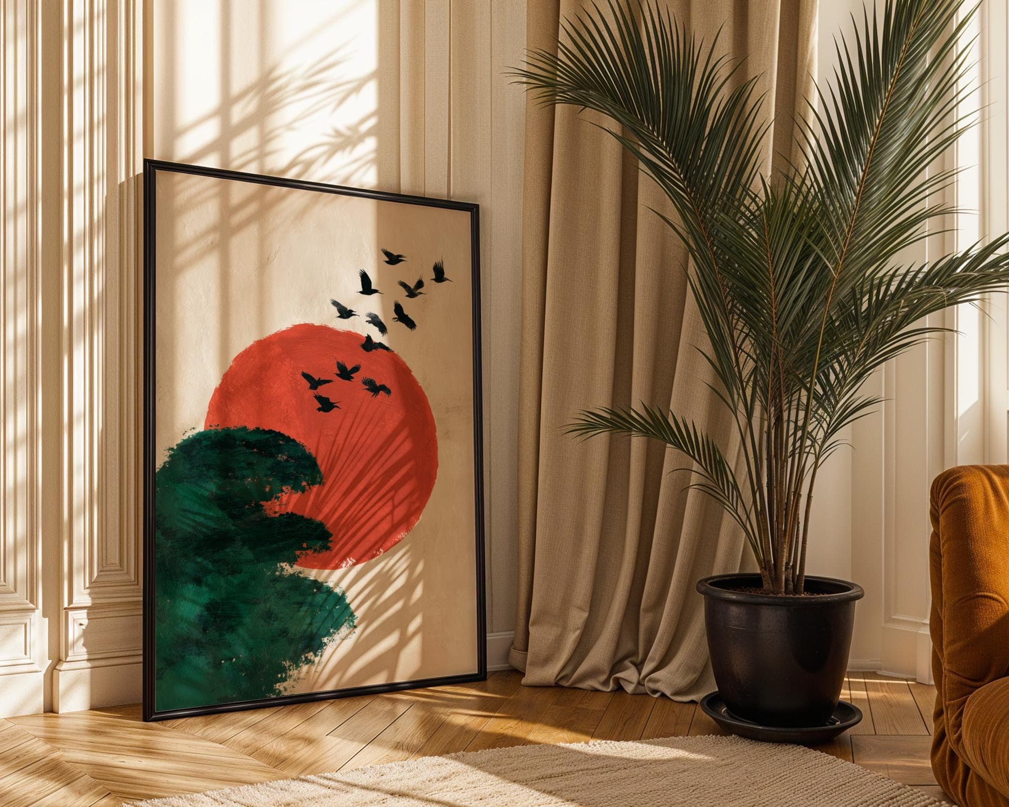 Japanese Minimalist Wall Art – Flying Birds Over Red Sun and Forest, Japanese Minimal Zen Poster, Warm Tone Minimalist Art, Japandi Decor - view 3