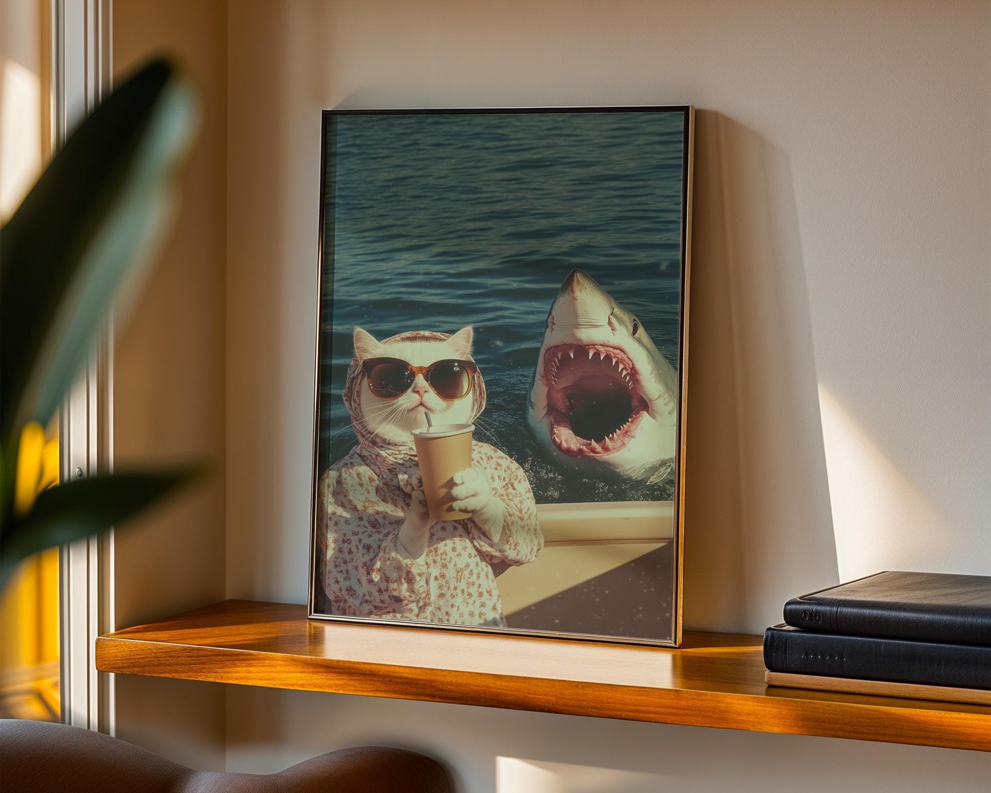 Funny Cat and Shark Wall Art, Funny Animal Art, Quirky Art Print, Quirky Cat Poster, Maximalist Cat Wall Art, Humorous Poster, Digital Art - view 2