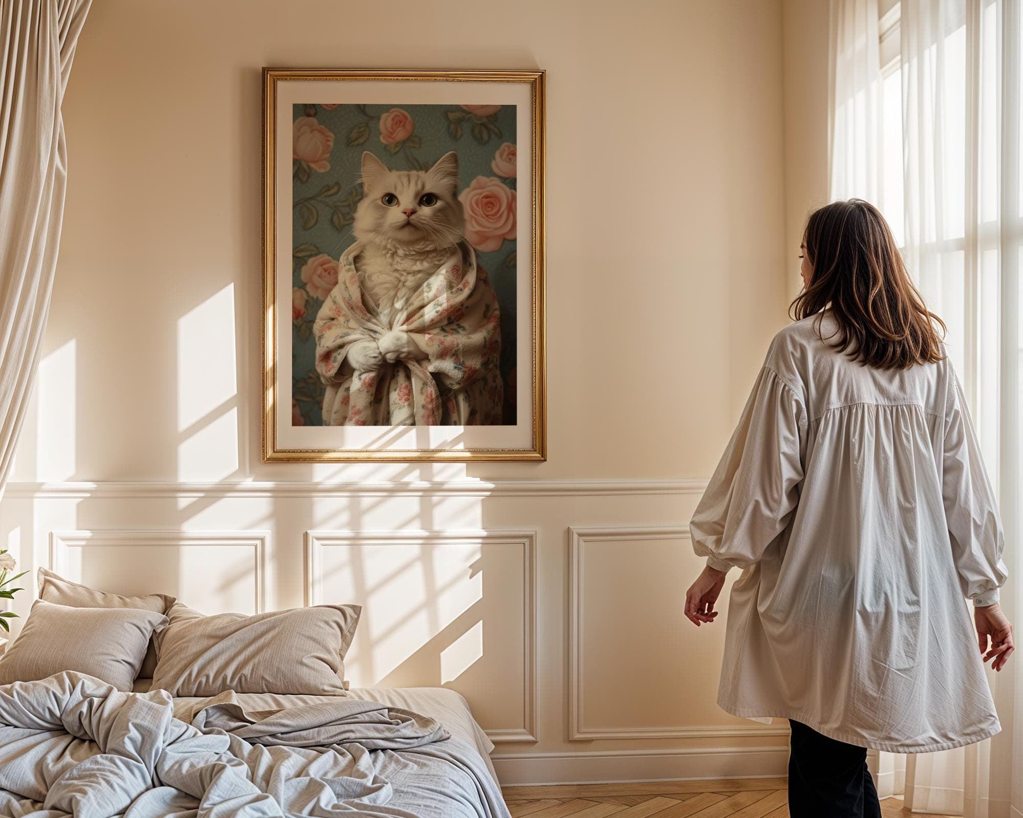 Tabby Cat in Bathrobe DIGITAL DOWNLOAD, Cat PRINTABLE Wall Art, Fluffy White Cat Wall Art - Vintage Floral Digital Print, Cute Cat Wall Art - view 5