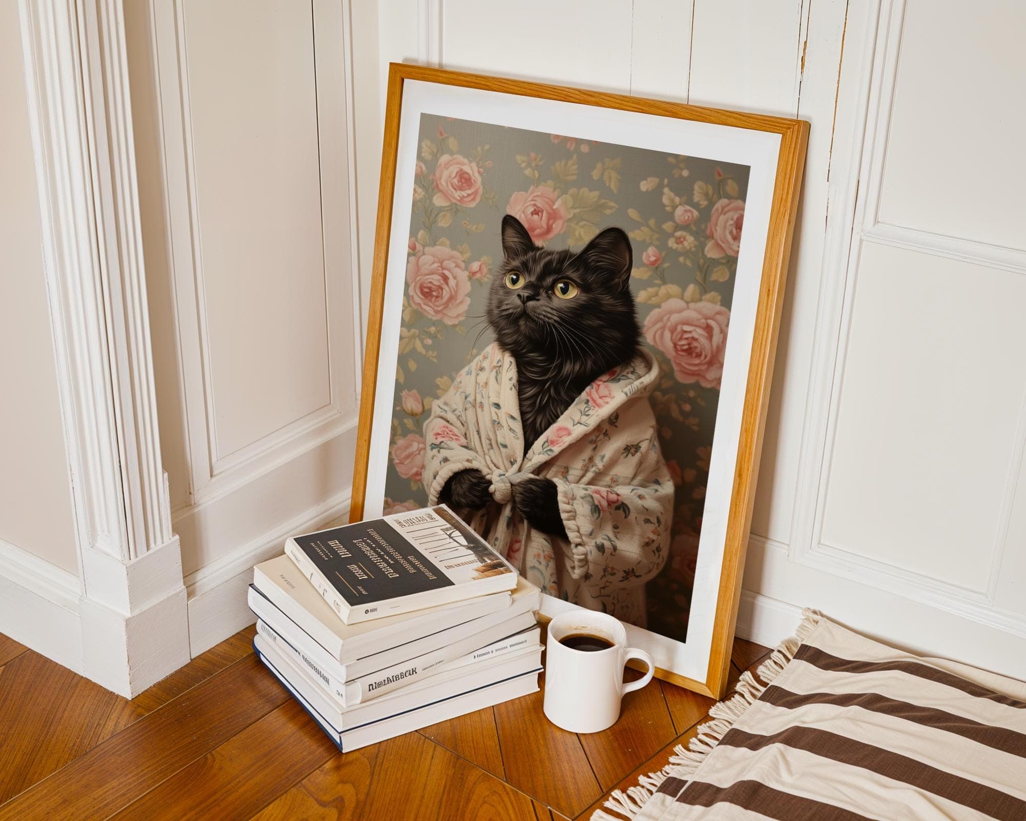 Fluffy Black Cat Portrait Digital Download, Cat Printable Wall Art, Black Cat in Bathrobe Wall Art, Whimsical Black Cat Art, Floral Cat Art - view 4