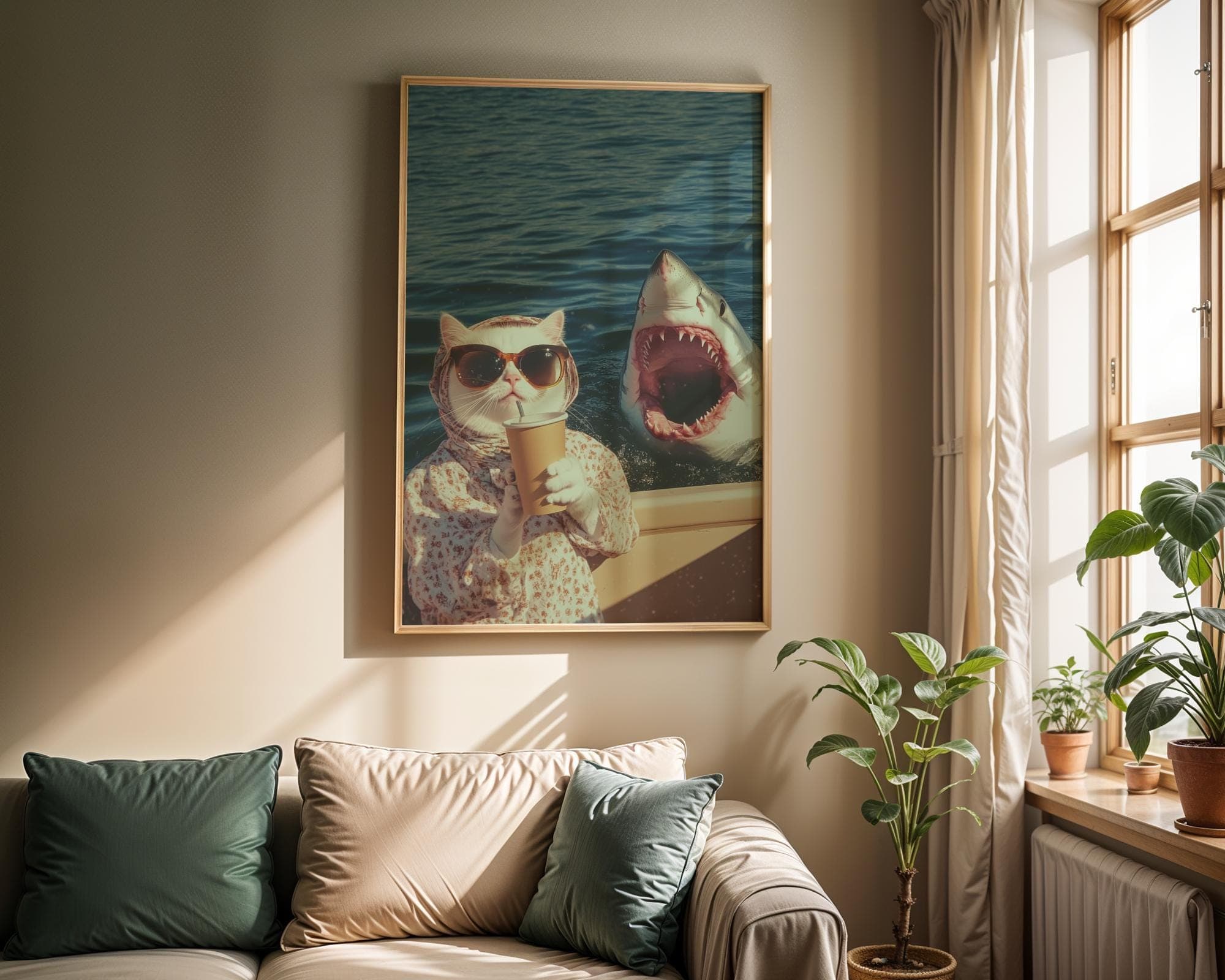 Funny Cat and Shark Wall Art, Funny Animal Art, Quirky Art Print, Quirky Cat Poster, Maximalist Cat Wall Art, Humorous Poster, Digital Art - view 5