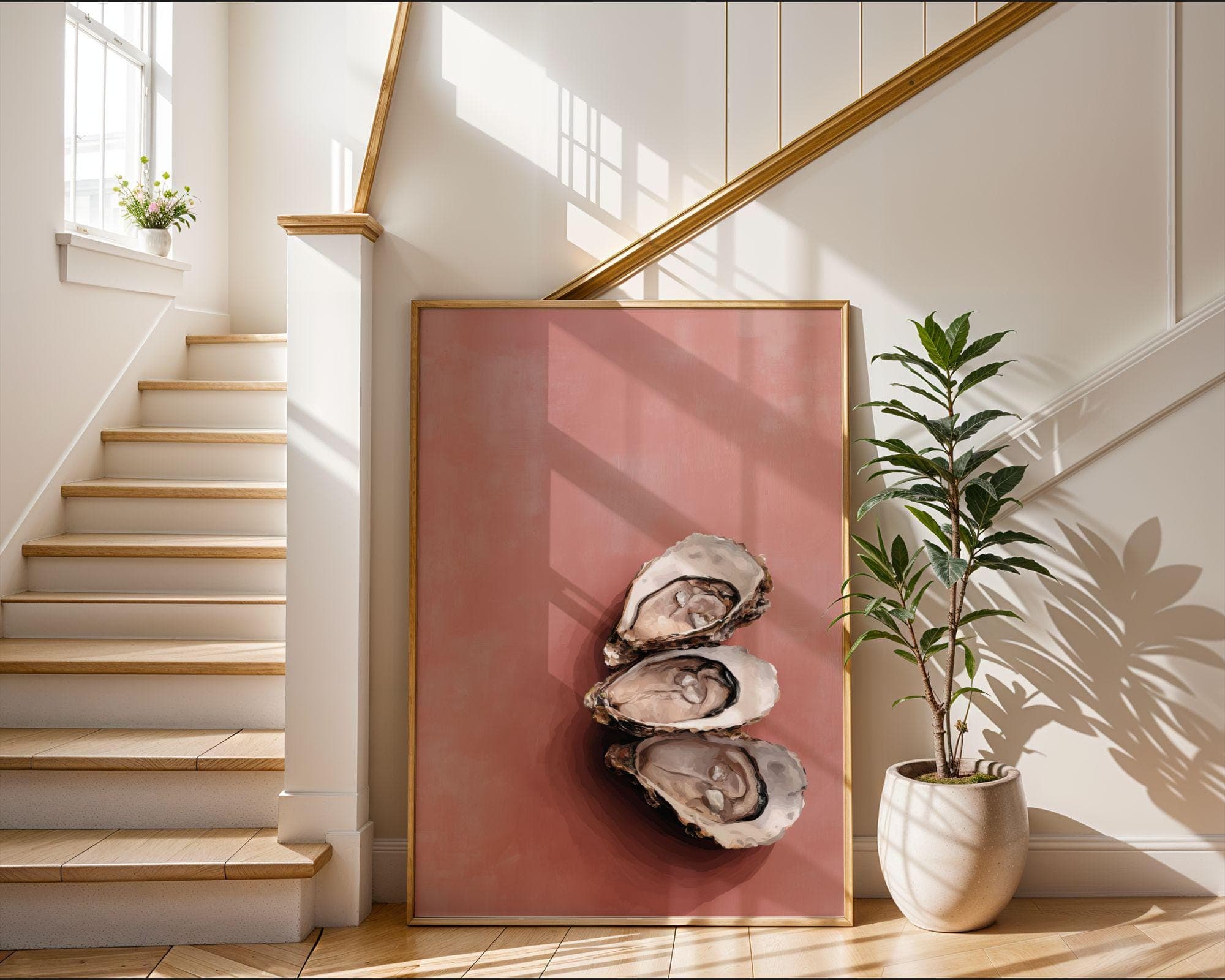 Oyster Wall Art Print, Pink Coastal Kitchen Decor, Pink Oyster Painting, Seafood Wall Art, Beach House Dining Room Decor, Oyster Still Life - view 9