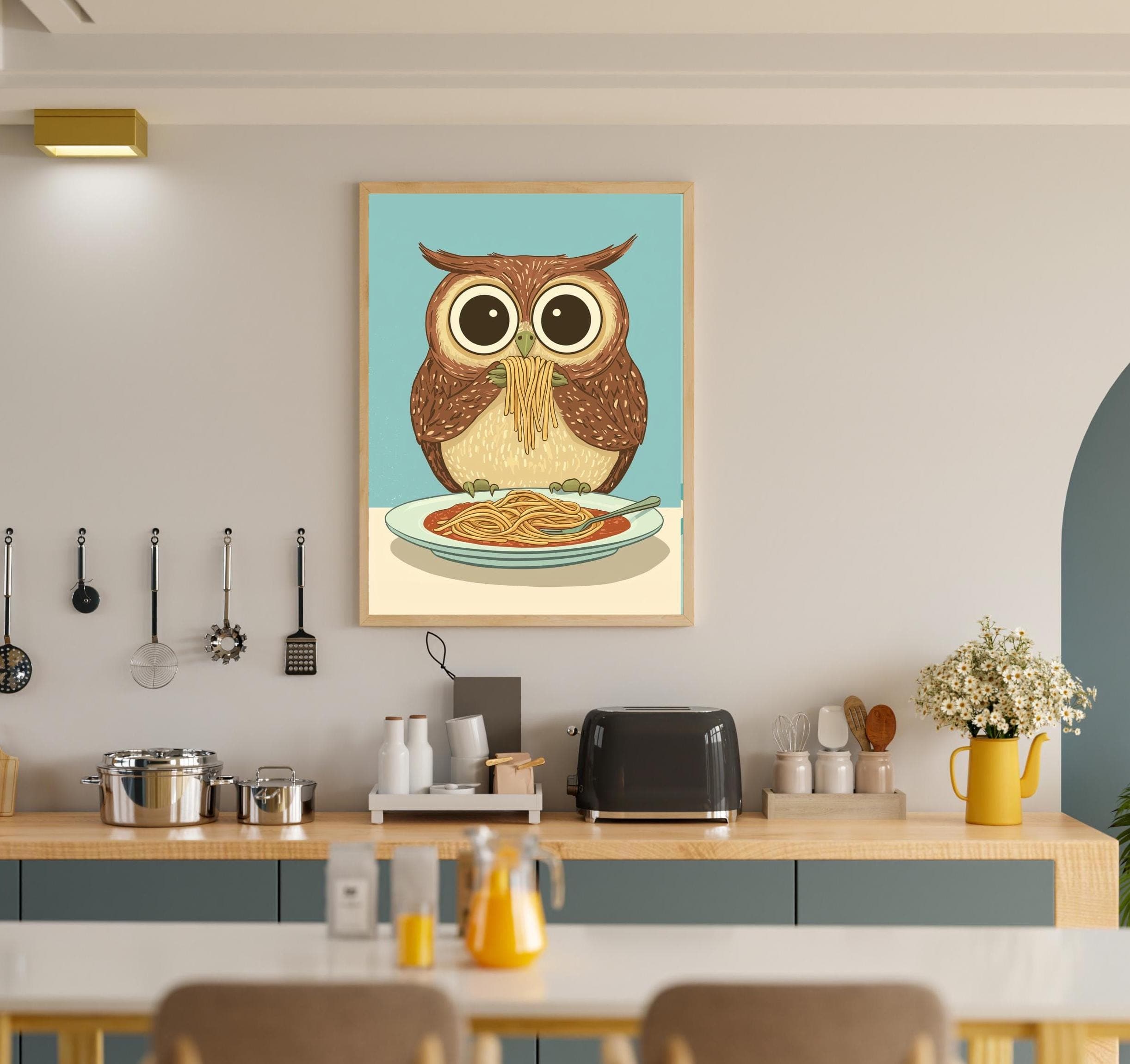 Owl Spaghetti Art Print,Whimsical Owl Kitchen Decor, Owl Pasta Print, Charming Owl Kitchen Print, Maximalist Owl Art, Owl Wall Prints - view 2