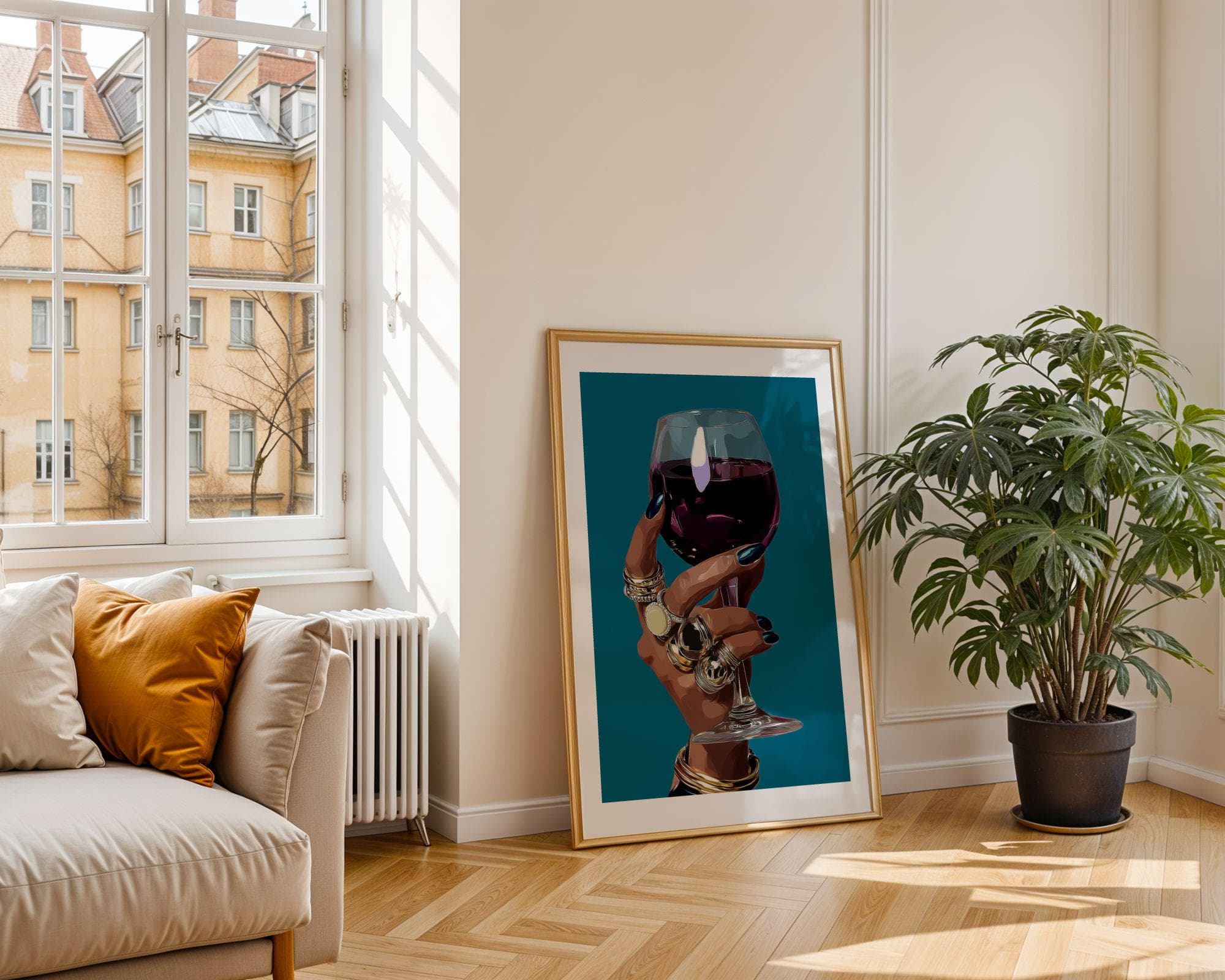 Stylish Woman Wine Art, Wine Printable, Stylish Bar Decor, Bar Cart Decor, Feminine Glam Print, Gold Jewelry Wall Art, Red Wine Glass Art - view 6