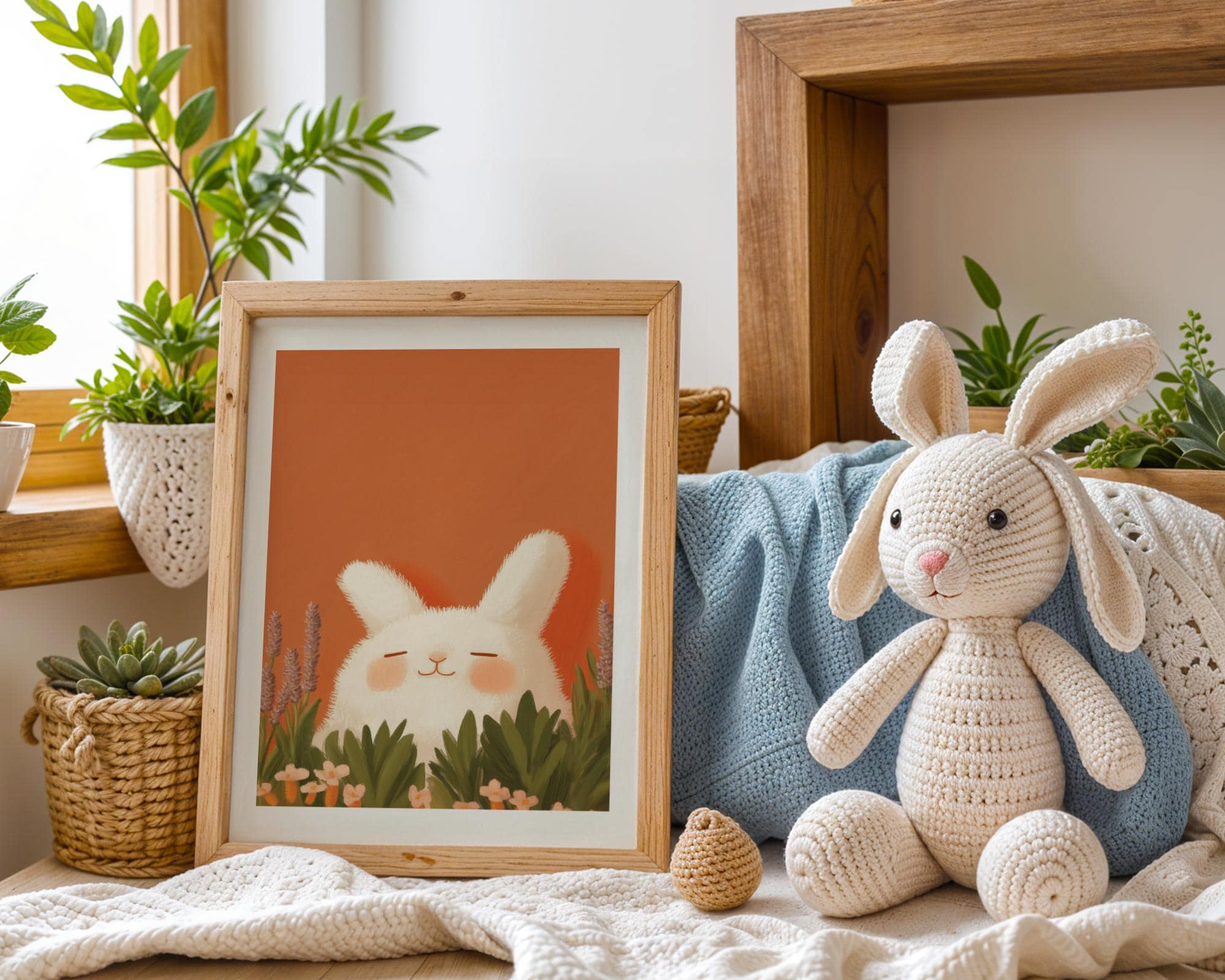 Whimsical Bunny Wall Art, Kids Room Animal Art, Fluffy Bunny Orange Painting, Baby Room Wall Art, Dreamy Baby Room Art, Soft Orange Wall Art - view 5