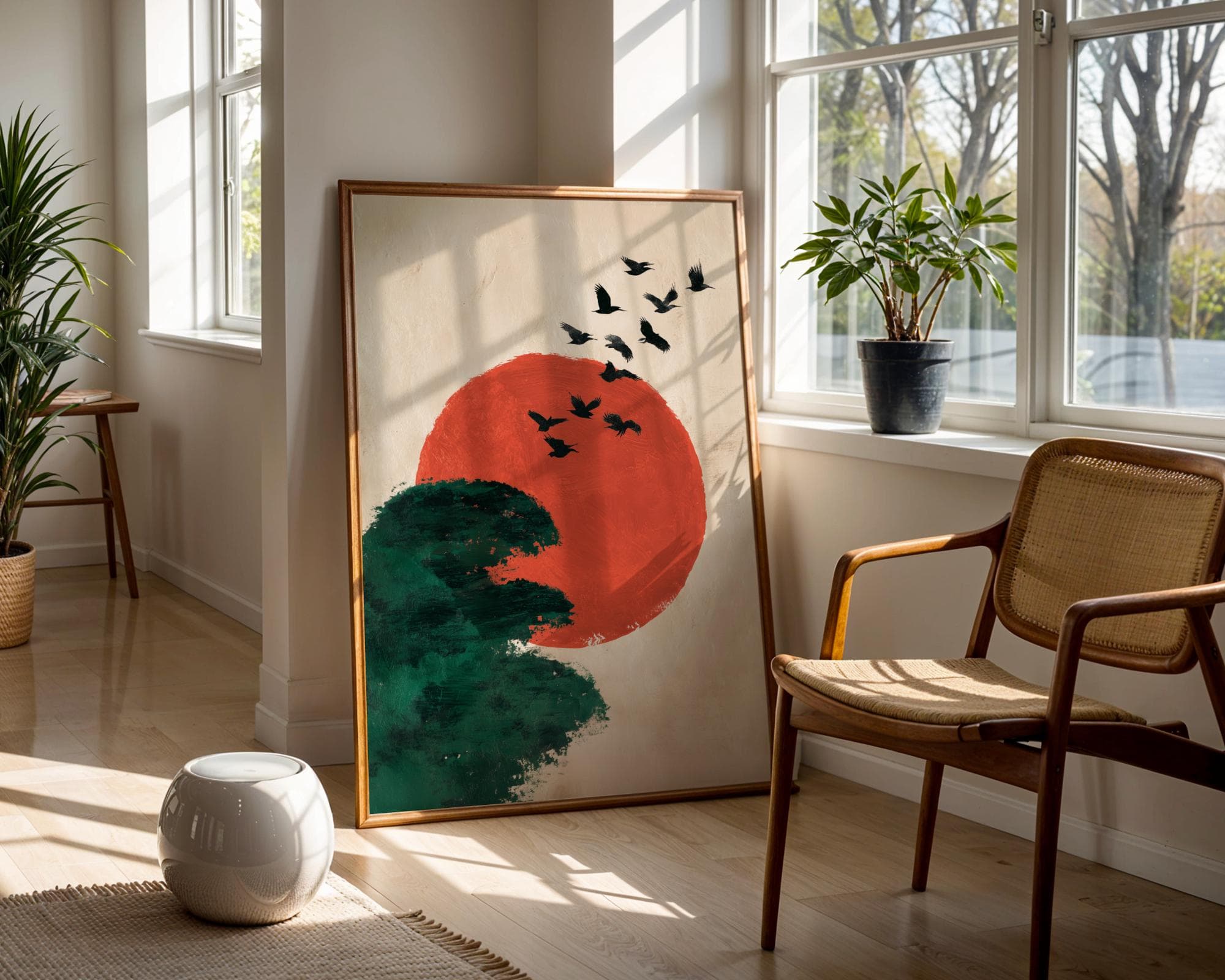 Japanese Minimalist Wall Art – Flying Birds Over Red Sun and Forest, Japanese Minimal Zen Poster, Warm Tone Minimalist Art, Japandi Decor - view 5
