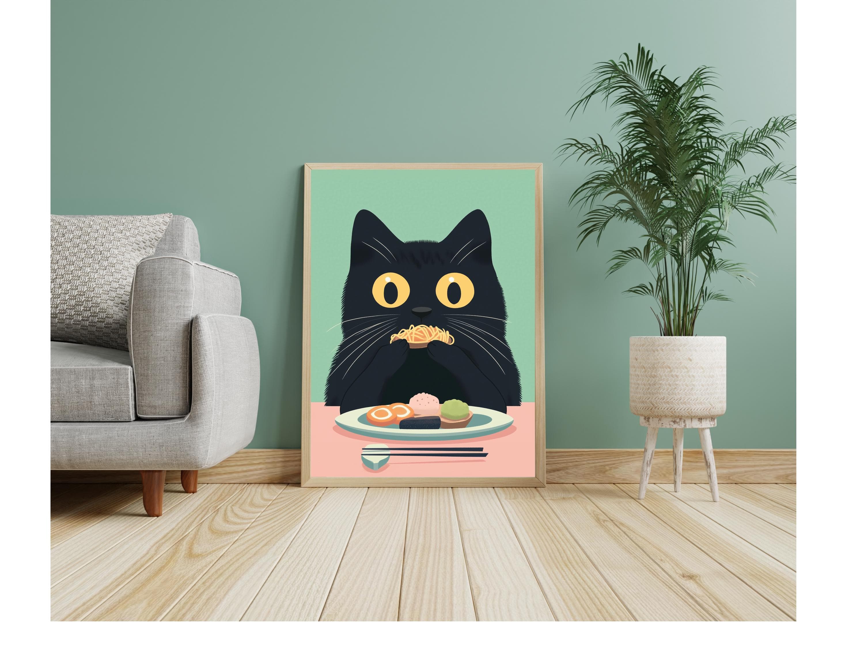 Black Cat Tapas Art Print, Whimsical Cat Kitchen Decor, Black Cat Wall Print Funny Cat Kitchen Print, Maximalist Cat Art, Funny Cat Art - view 3