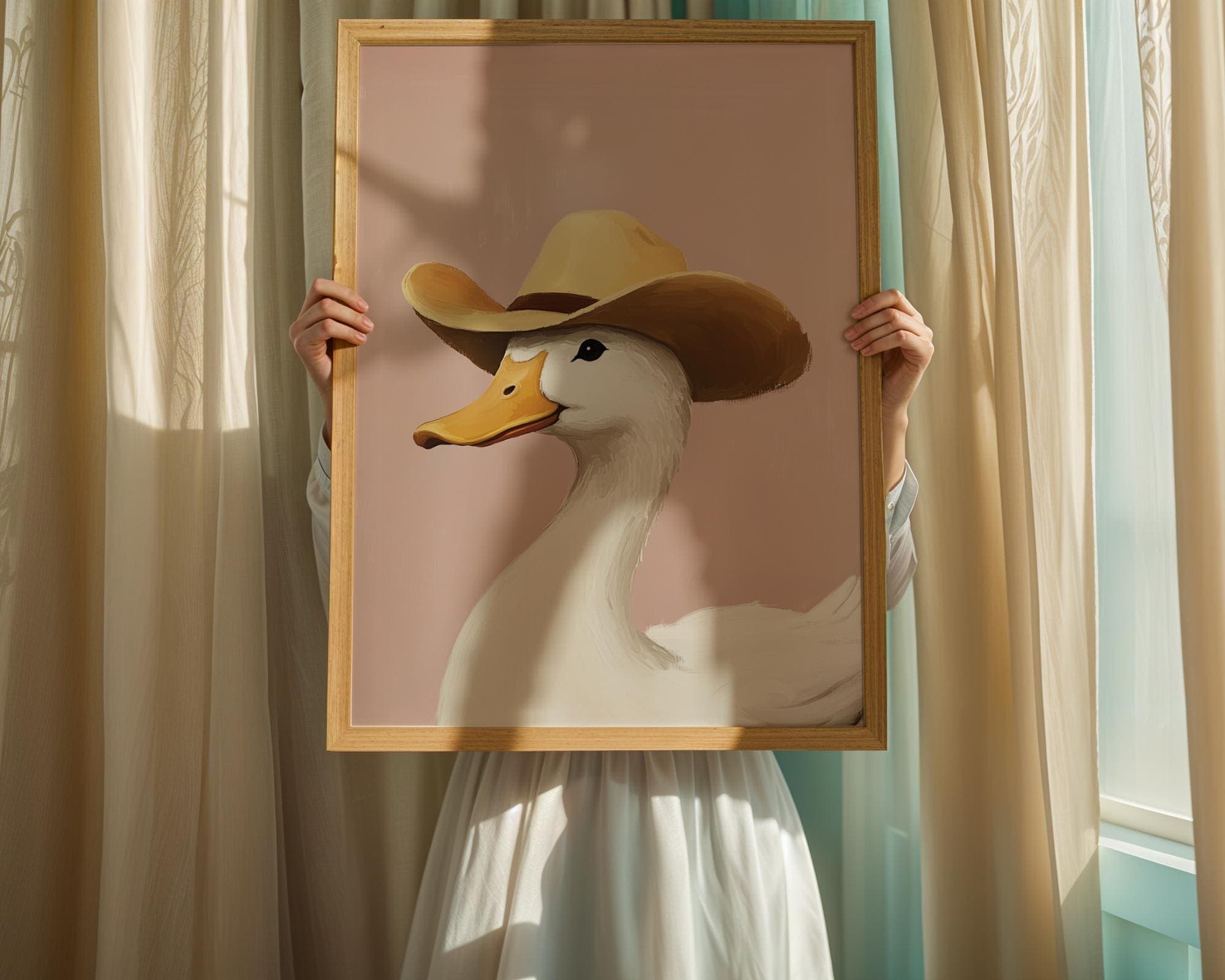 Silly Cowboy Goose Print, Pink Western Nursery Printable Art, Neutral Southeastern Boy Room Animal Wall art, Cowboy hat, Retro Duck Poster - view 6