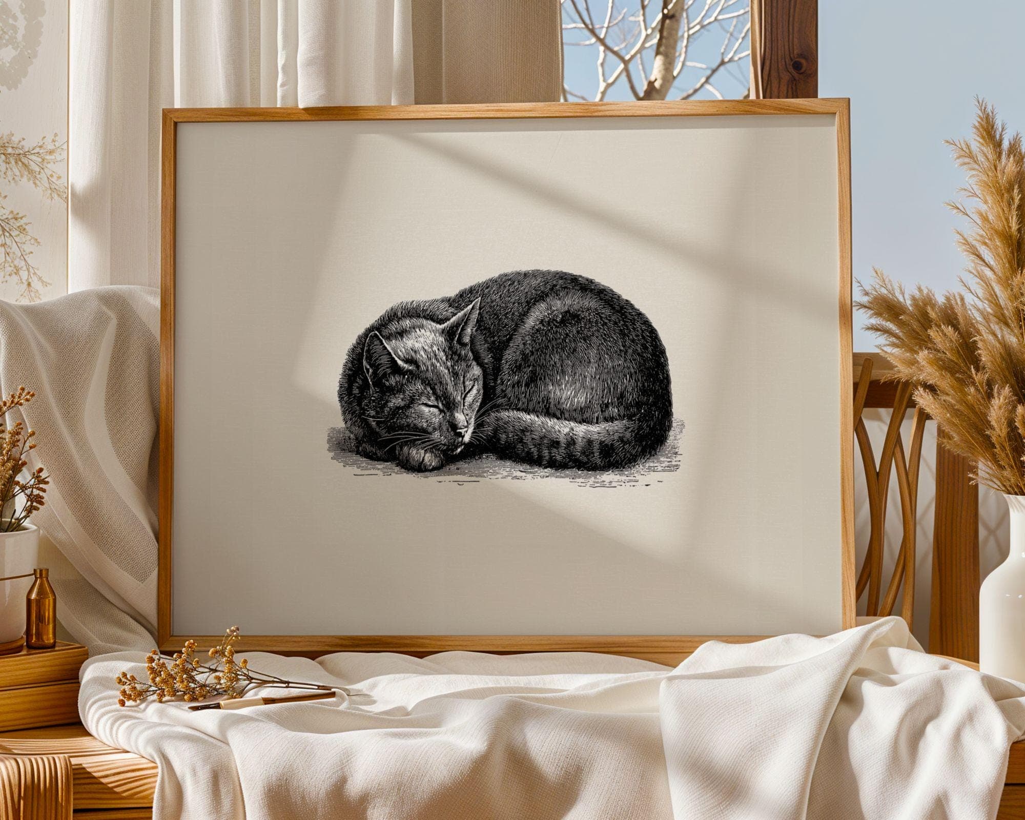 Sleeping Cat Print, Ink Animal Wall Art, Pet Portrait Scribble Cat Minimalist Line Art, Playful Cat Digital Download, Cat Lovers Gift - view 5