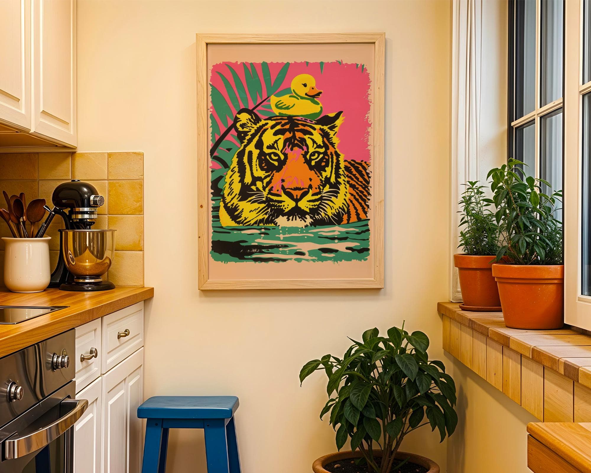 Pop Art Tiger Print with Yellow Duck, Modern Quirky Decor (Digital Download) - view 4