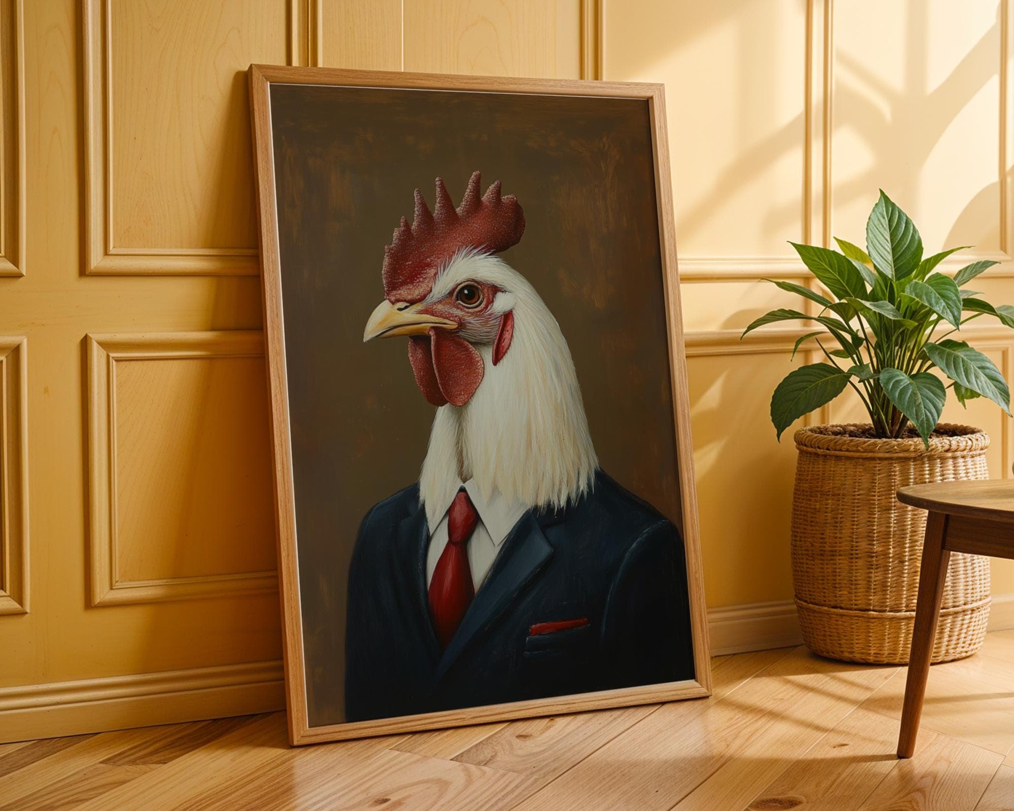 Funny Chicken Portrait, Rustic Digital Print, Quirky Farm Decor, Rooster Poster, Chicken Printable Wall Art, Brown Background Animal Print - view 5