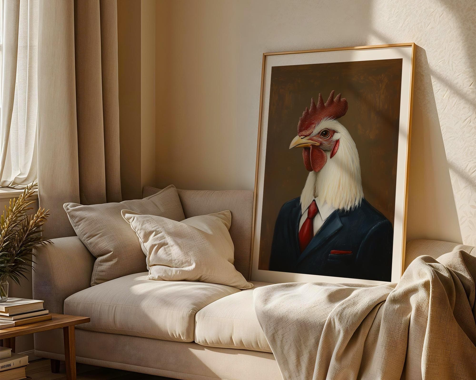 Funny Chicken Portrait, Rustic Digital Print, Quirky Farm Decor, Rooster Poster, Chicken Printable Wall Art, Brown Background Animal Print - view 6