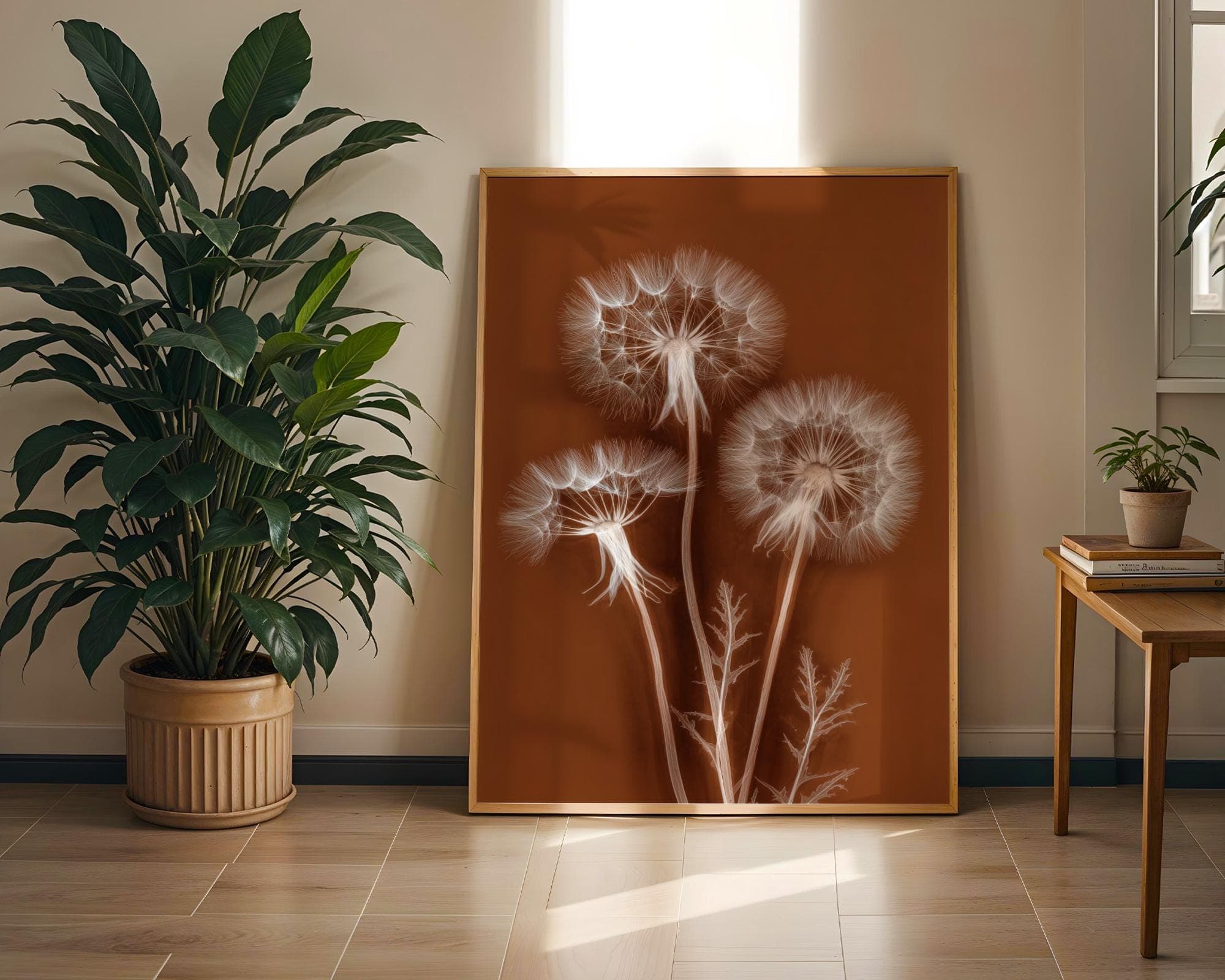 X Ray Dandelion Wall Art Botanical Radiograph Poster in Sepia Brown Modern Minimal Decor, Botanical Print on Rust Background, Nature Print - view 3